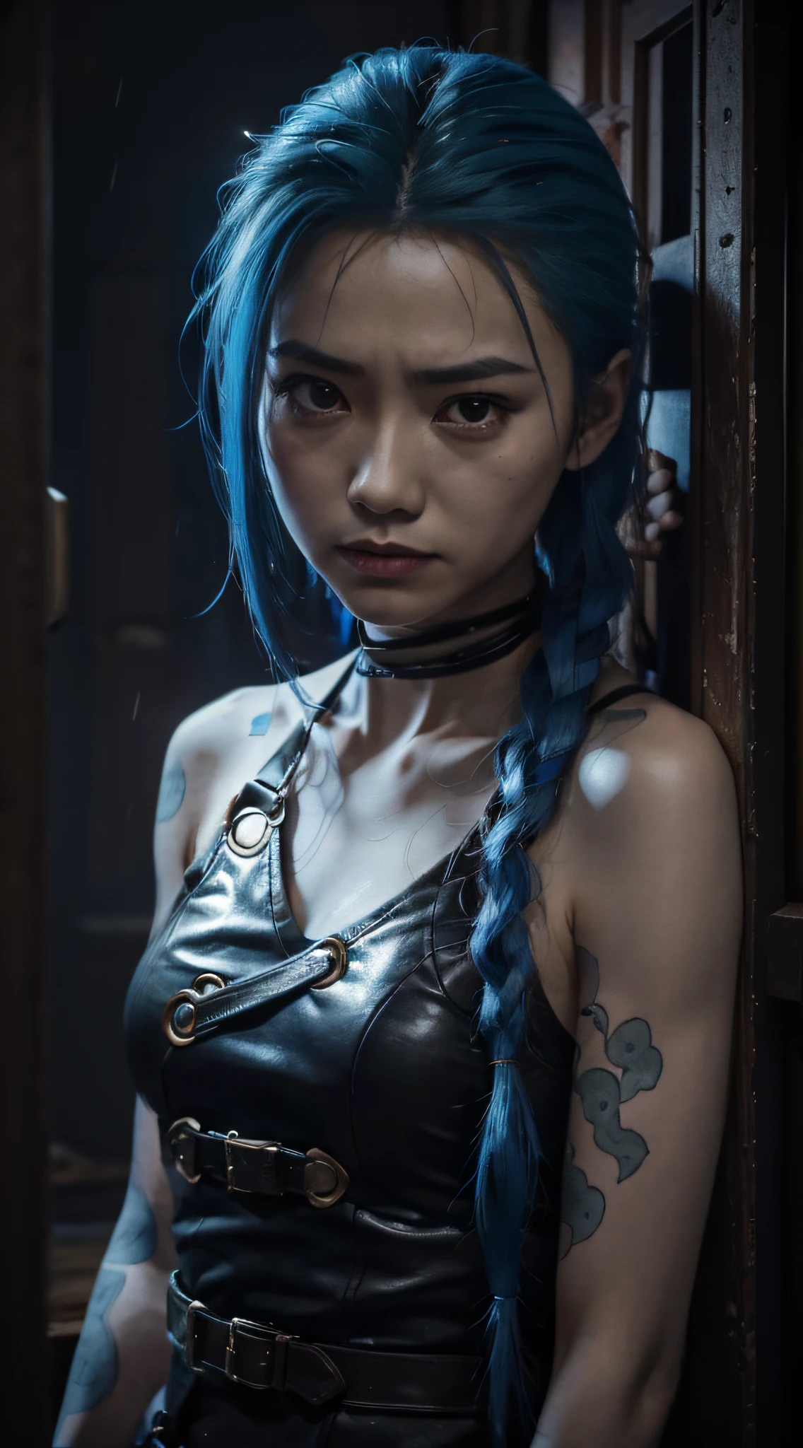 Jinx，Jinx was angry，anger expression，（Cinematic tones）（The film uses cool colors of blue and gray）（Wet clothes：1.9）,（Get wet all over your body：1.9）,Top image quality, tmasterpiece, 超高分辨率, （Fidelity：1.4）, stunningly beautiful woman, （Deeply condolences）, , dim murky lights, shadowy, Desperate, Pity, Pathetic, Cinematic, Tears, tear drop, , Real rain, wetting hair,. Surprising crying, Clear white skin,  There are scratches everywhere, Dirty face,  White skin,  Smooth skin, Surprisingly realistic pictures, 8K high quality medium dark illumination, High detail, Detail Eye, Detal Face,