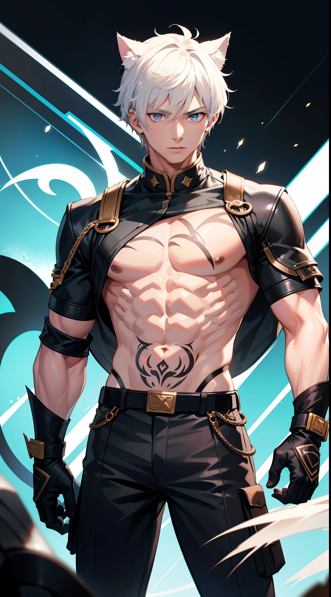 young boy, short gray hair, Cat's ears, Heterochromia, Yellow left and brown right eyes, tattoo, open torso, Pants of a Chinese general, swords, Masterpiece, hiquality