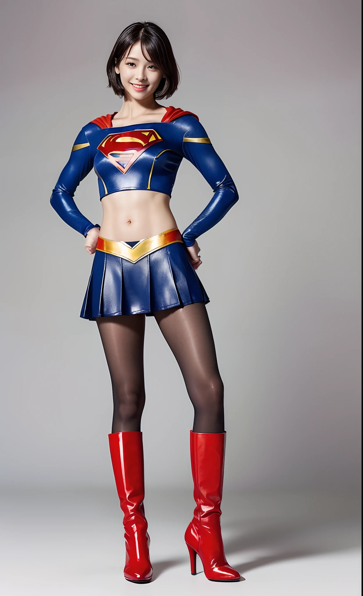 Be sure to wear black tights、(((Make the most of the original image)))、(((Supergirl Costume)))、(((shiny short hair)))、(((Suffering)))、(((Feet must necessarily be worn with black tights)))、(((Smile)))、(((You need to wear red boots)))、((Top image quality、8K))、((top-quality、8K、masterpiece:1.3))、(((Keep your background simple)))、Crisp focus:1.2、Beautiful woman with perfect body shape:1.4、Slender Abs:1.2、a wet body:1.5、Highly detailed facial and skin texture、