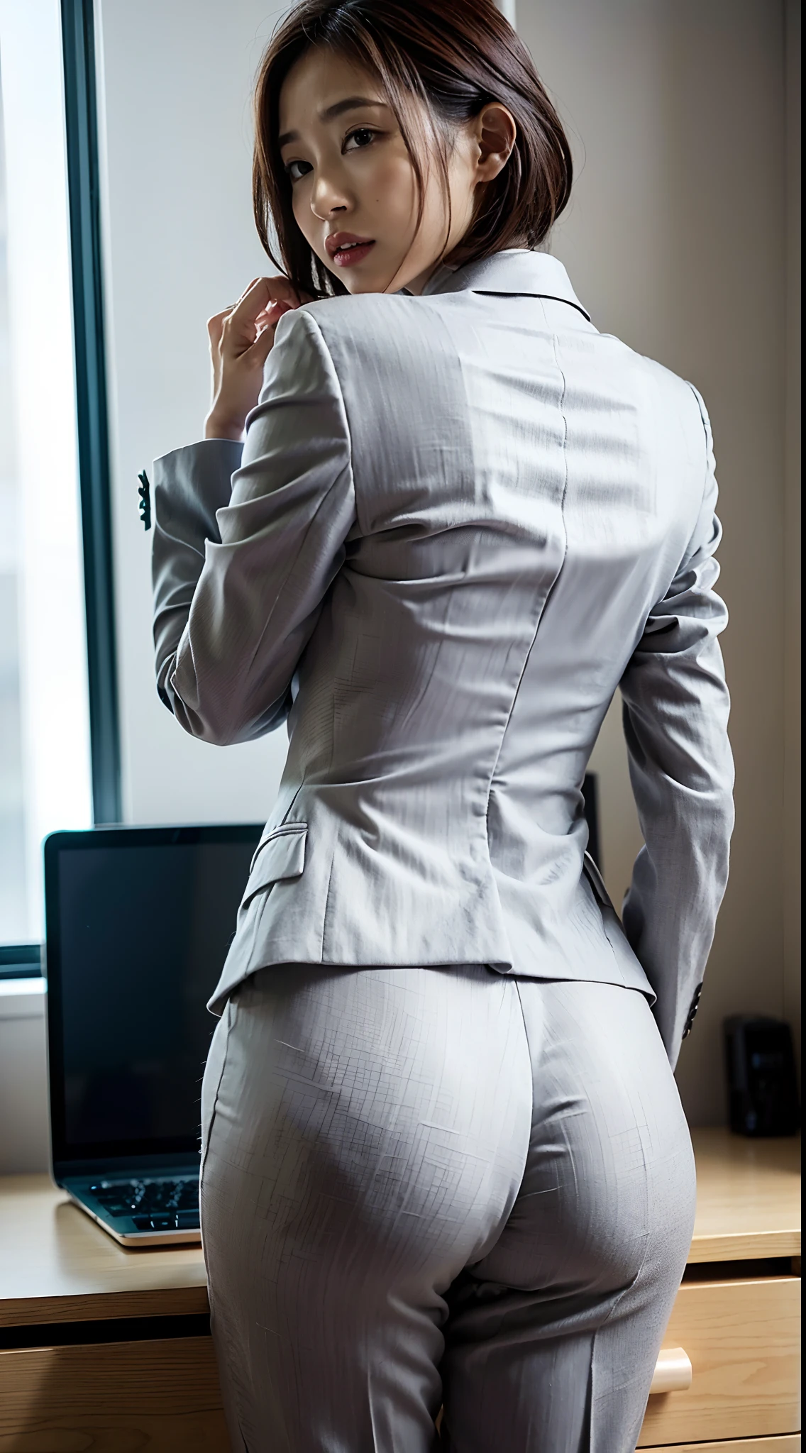 (Best quality, 8k, 32k, Masterpiece, UHD:1.2), 1girl, beautiy Japanese woman, narrow waist, grey suit, open jacket, office lady, suit, pants, from behind, office room, desk, (stick out one's buttocks:1.2), detailed face, short hair, looking at viewer