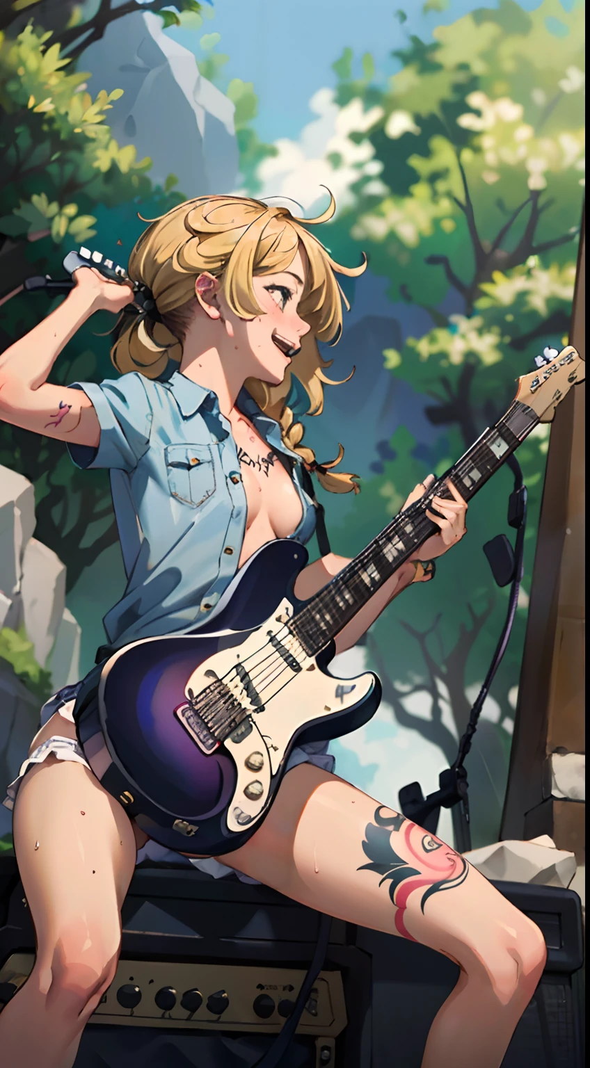 masterpiece, best quality, ultra-detailed, illustration, an extremely delicate and beautiful,high resolution, ultra-detailed,,perfect face,slender perfect body, Tight belly,Toned buttocks,Constricted waist,,(girl plays the guitar:1.7),15yono make,(yellow hair),(braided hair),(rock and roll star:1.3),(big smile),(open shirt:1.2),(tattoo on thigh:1.3),(very short hair), shy daughter, short stature,(rock and roll star:1.3),(big breasts),(on a luxurious stage), (band girl),((very wide shot )),( sweaty skin:1.2),(low view:1.5),(spread legs:1.3),white panties
