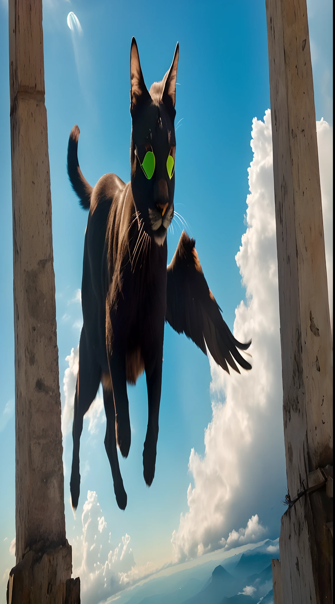 Gato preto de olhos verdes, de costas, Flying to the blue sky with few clouds, Com duas asas de anjo, Ultra realista.