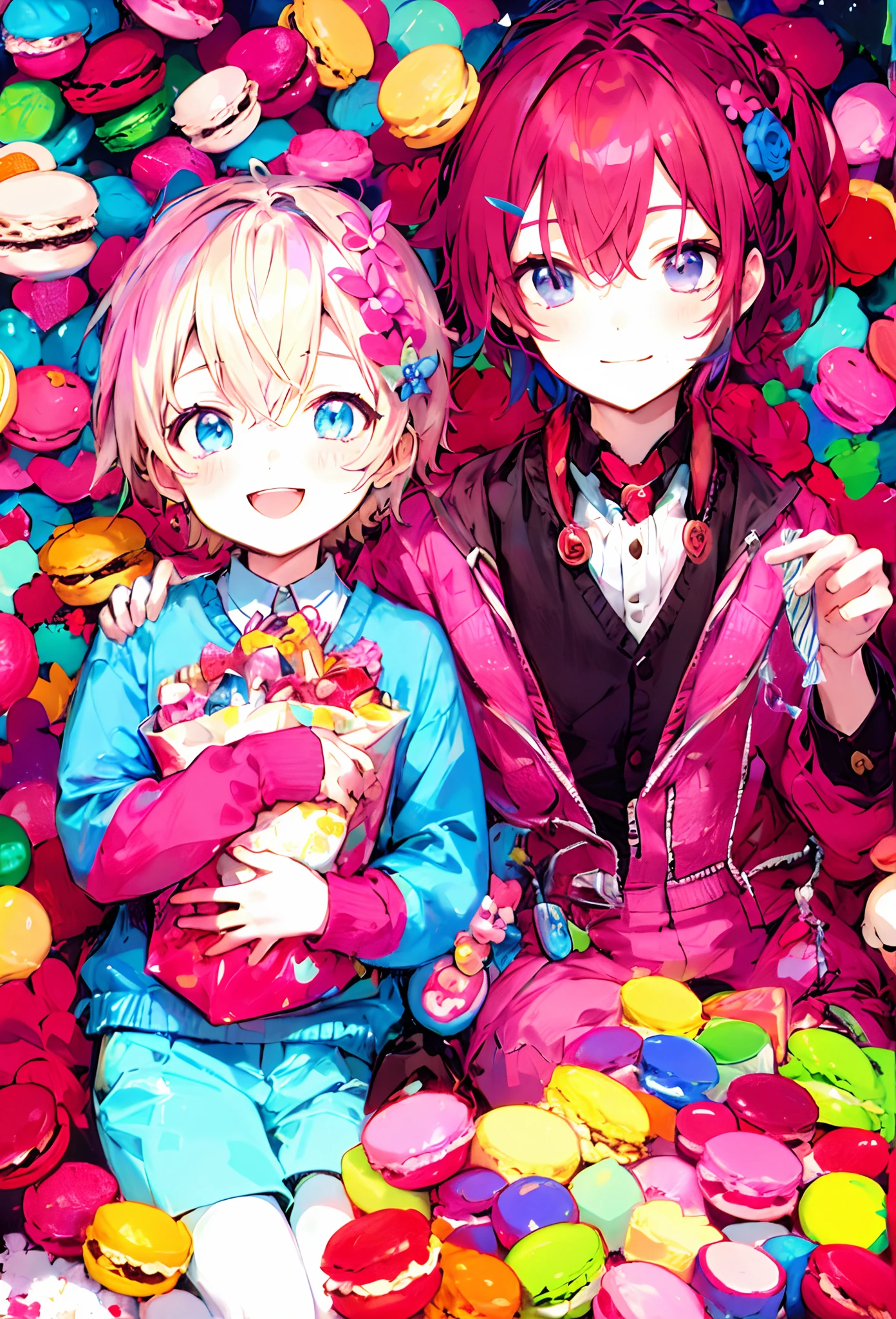 Anime character sitting on a pile of macarons with a girl holding a doll, sweets, anime cover, decora inspired illustrations, ❤🔥🍄🌪, cyan and magenta, official artwork, Cute boys, Magenta and Crimson and Cyan, Sweet sweet, candy, Sea of Parfaits, Cute Anime, Fuschia and Vermilion and Cyan