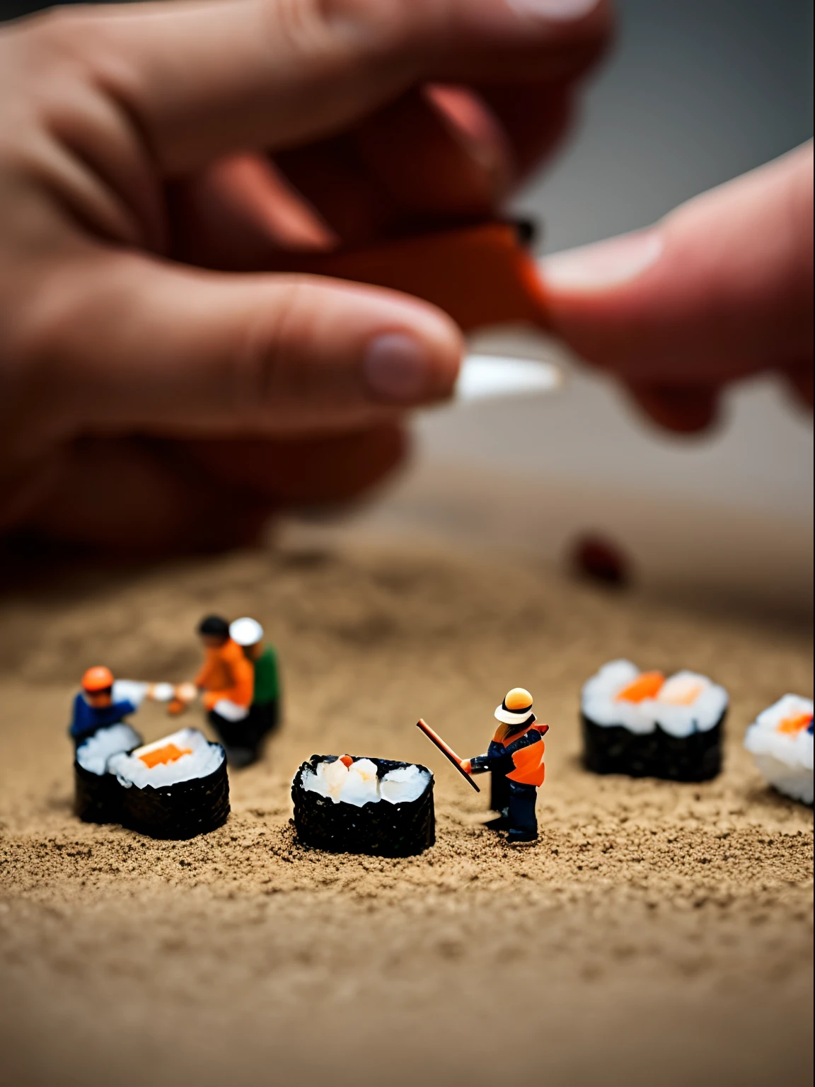 Tilt-shift photography, tiny little miniature men building a complex sushi roll