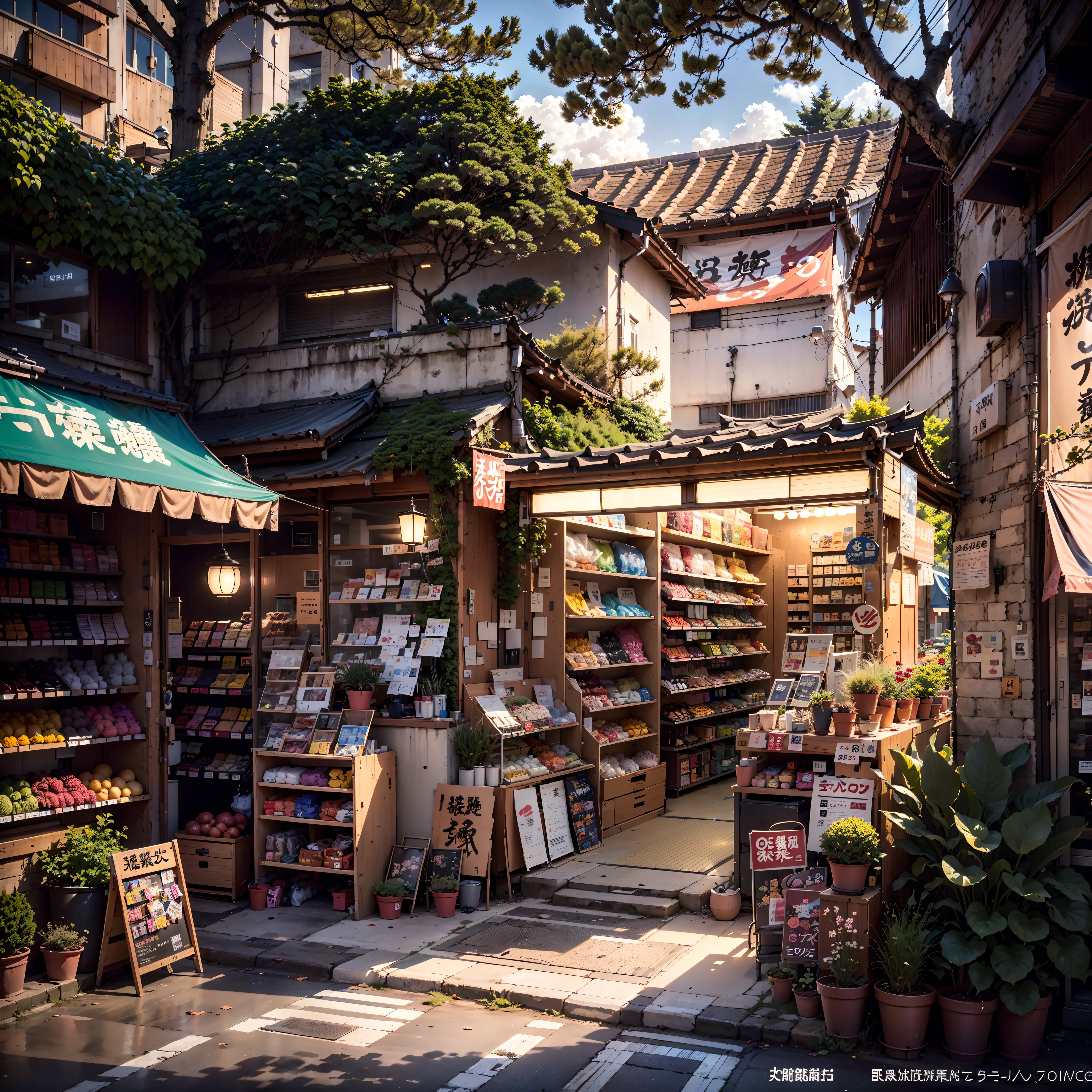 anime background, anime wallpaper, anime, anime style, lofi, lofi style, modern japanese street, modern japanese architecture, japanese convenience store, big retro japanese shop signs, retro japanese store, trees, plants, rocks, plant pots, shop signs, japanese banners, japanese signs, flags, sunrise, golden hour, golden lighting, empty street, no one in sight, (no one: 1), best quality