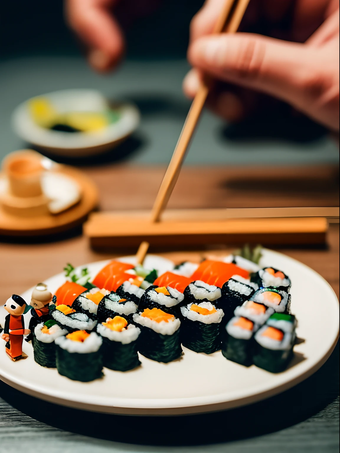 Tilt-shift photography, tiny little miniature men building a complex sushi roll