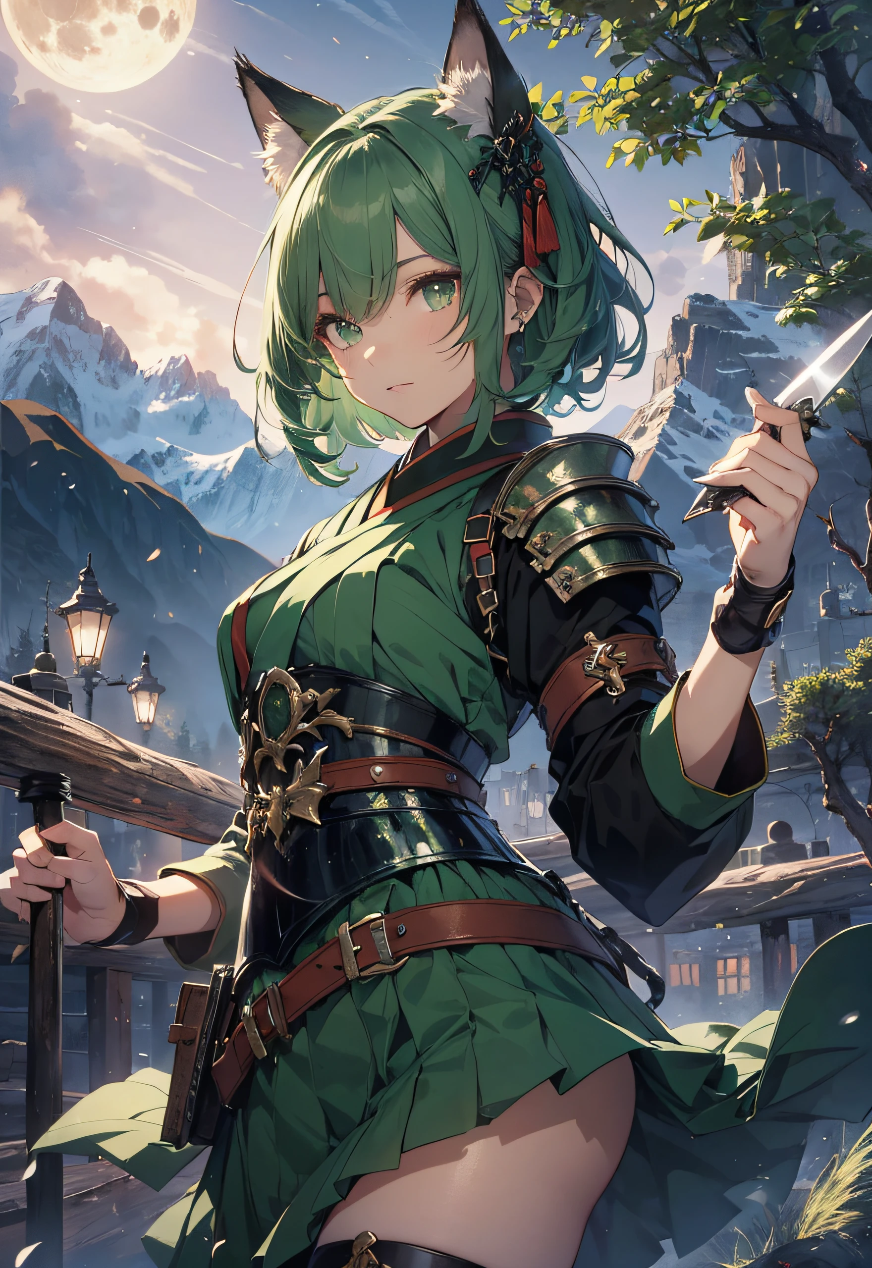 Beautiful detailed girl, Clear and beautiful, Character as the main point of view, radiant skin, girls, femele, young, 20yo, bobbed hair, Short Cut, short-hair, Beautiful detail glass hair, ((European-style green battle armor))Beautiful details, cold face, cold expression, beautiful-detailed eyes, green pupil, Moderate chest, Green Eyes, Full-fledged skin texture, Very good 8KCG wallpapers, very fine 8K CG wallpaper, watercolor (medium), female warrior, green hair, (((Full-body cut))), Cat's ears, Long knives, ((Traditional green hanbok)), Short skirt length, The skirt side part length is long, Skirt side pattern, Skirt back slit, Short on the back of the skirt, Long knives, Traditional sword, Wielding, Attacking Posture, Levitation, (((s whole body))), Show your whole body, Moonlit night, (((Dark Night, Deep Night))) (((Natural Background, mountains, wood))), ((plein air))