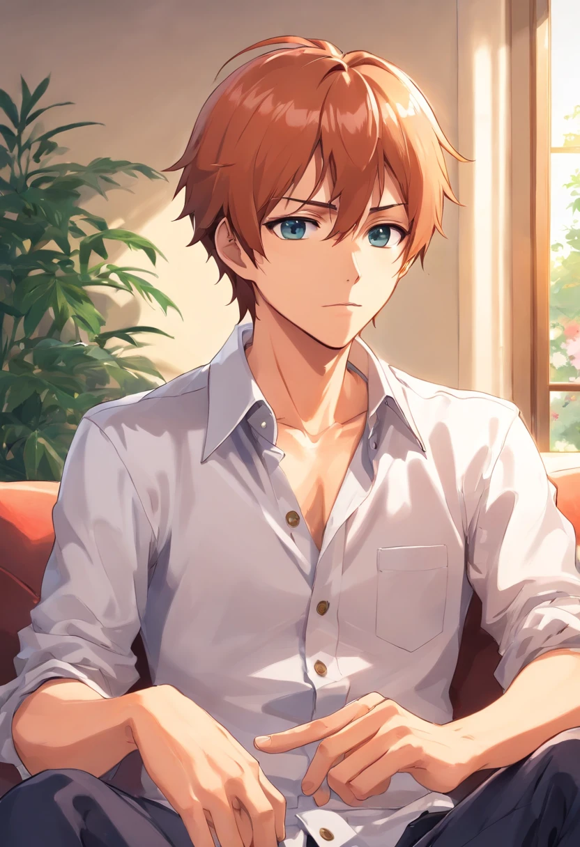 Ichigo kurosaki, handsome, sitting on a couch, white buttoned shirt, looking at viewer, high quality, best quality, Bleach Anime style