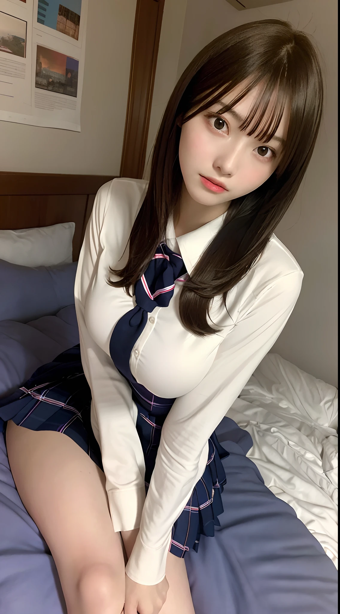 Best quality, masterpiece, ultra high res, (good feeling:1.4), raw photo, 1girl, (pleasant feeling:1.3), in bed, DARK hair, dramatic lighting, bitch, normal breasts, in bed, (high-school uniform:1.2), (lying:1.4) ,