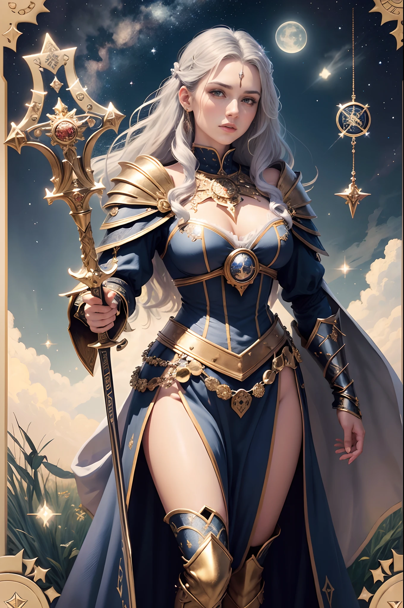 （The highest image quality），（very detailed descriptions），1 mature female，Big sword，Female Warrior Standing on a Beautiful Meadow，Scepter in hand，（full body red armor），（Very perfect body structure），（Highly detailed and perfect face depiction），（Highly detailed details of the face），Blue Starry Sky，（Very large moon close-up），Moonlight shines through the clouds，As estrelas（glitters），garments（bling bling）， (The image is surrounded by a tarot card style border:1.5)，（tmasterpiece），（Great results），（8k wallpaper），（best pictures），myth，Fantasy Theme，Ultra-realistic realism，realisticlying,Mature female holy knight in red armor,Beautiful holy armor,Golden decoration,
