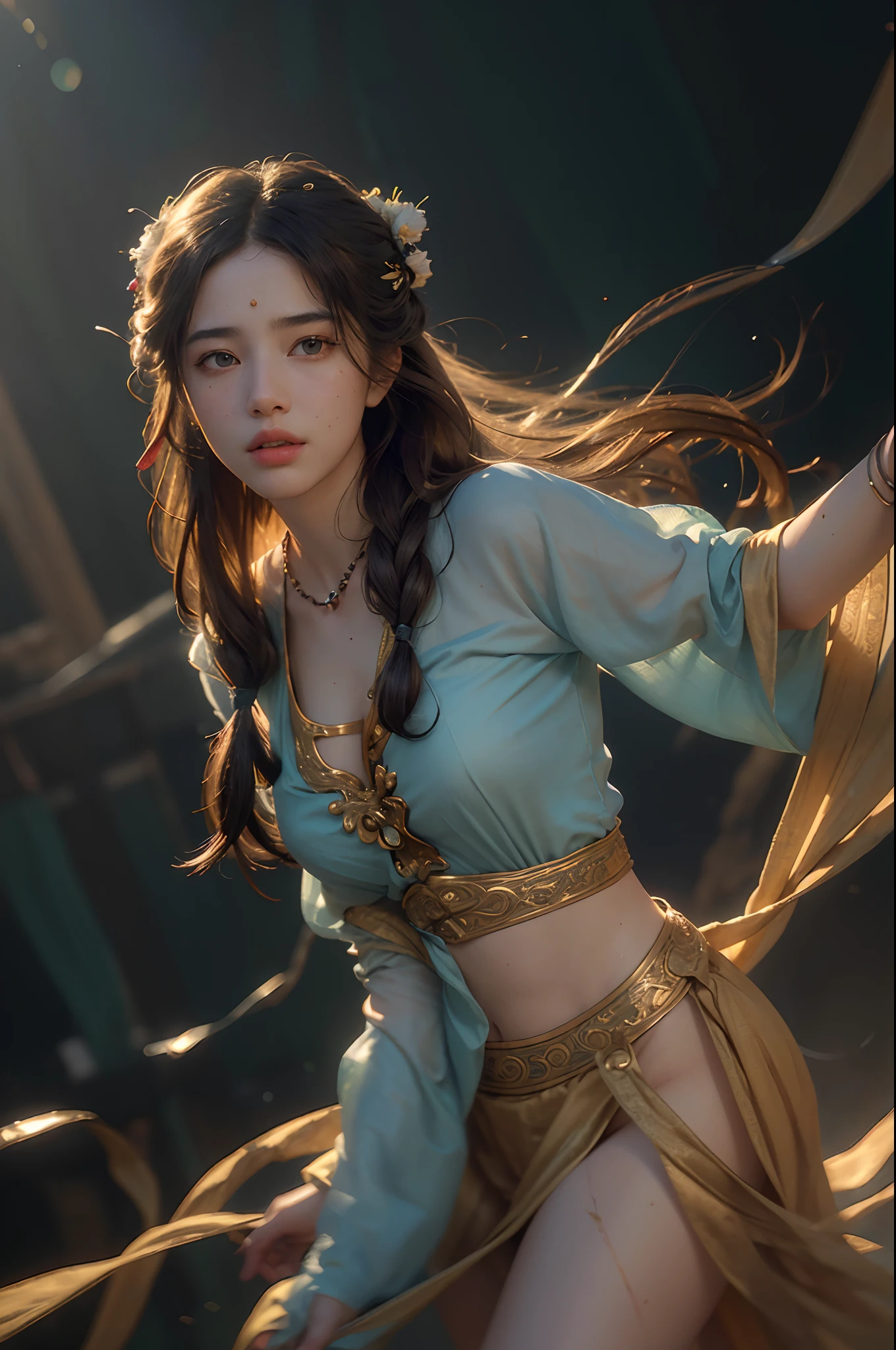 (RAW photo, best quality), (realistic, photo-realistic:1.3),best quality,highly detailed,masterpiece,ultra-detailed,illustration,1girl,upper_body,dynamic angle,world masterpiece theater,messy_long_hair,best quality,extremely detailed CG unity 8k wallpaper,ink,Amazing,cinematic lighting,lens_flare,,dunhuang_style