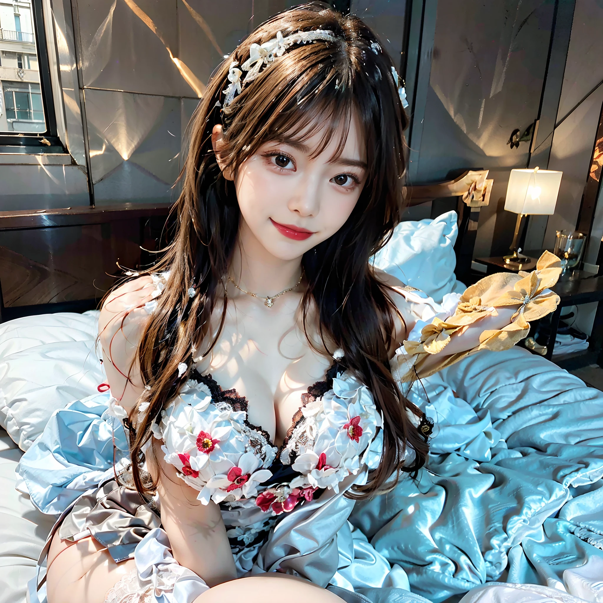 Realistic women: 1. Bond Hair 2. Brown Eyes 3. Beautiful Face 4. Beautiful long hair 5. Perfect Figure. 6. Cute Smile 7. Beautiful Breasts 8. Beautiful legs 9. White lingerie 10. White Lace Bra 11.Hands crossed behind 12. 5 inch, Beautiful and perfect 13. sitting on the bed.
