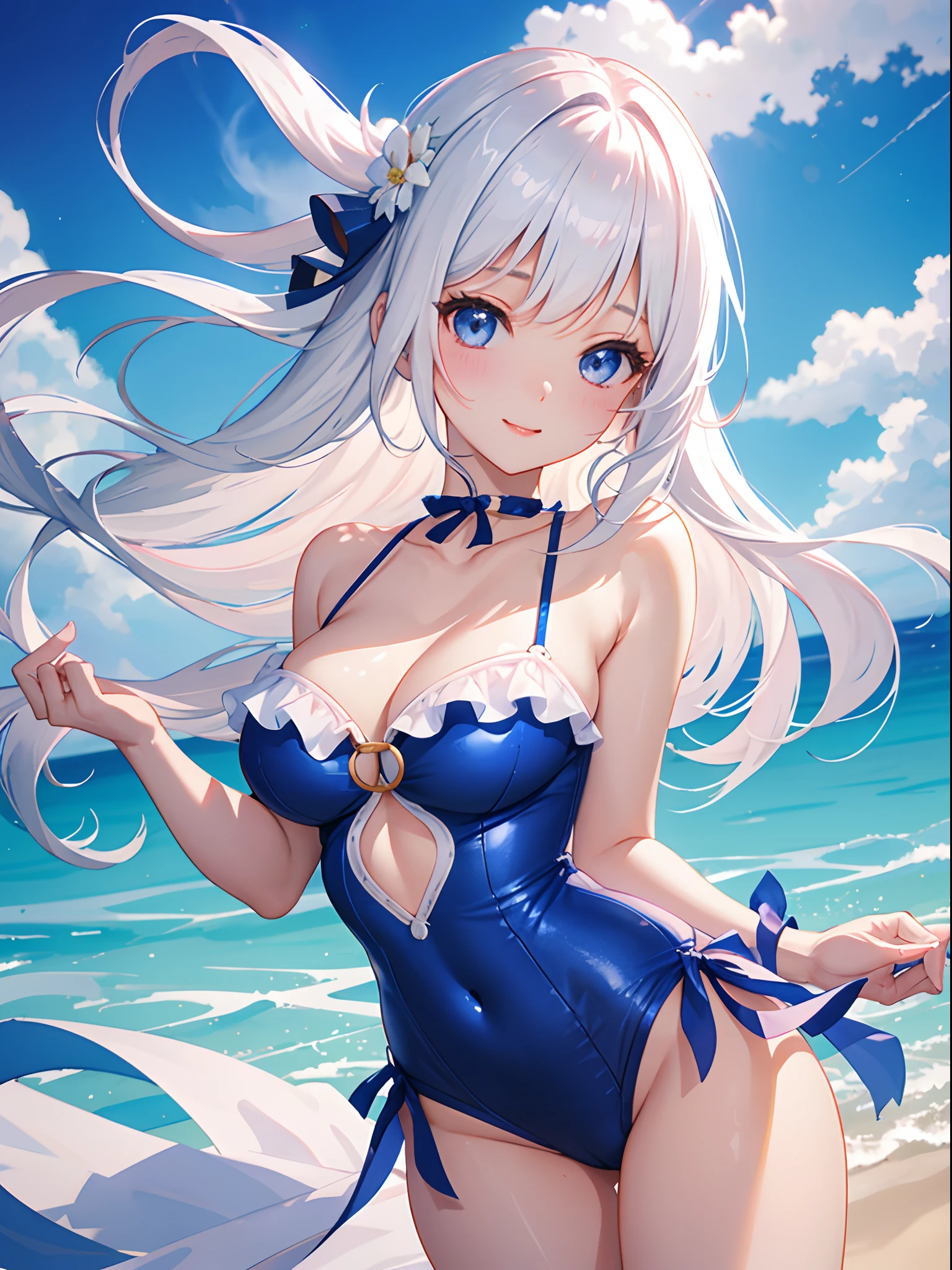 Official art、Top quality ultra-detailed CG art、a beauty girl:1.2)、White hair、Glossy hair、smooth hair、large blue eyes,Mid summer、kawaii、The sky is beautiful、Cute、bob cuts、Pink choker、Shiro colored swimsuit、ssmile、Super young、
