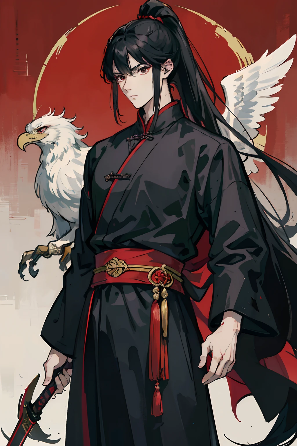 HDR, High Quality, Masterpiece, Excellent, Daytime, 1 Man, Chinese Style, Ancient China, Chinese Court, Eagle, Black Hair, red Eyes, Split Hair, Long Hair, Long Bangs, High Ponytail, Handsome, Handsome, Serious, Gentle, Tall, Quiet, Dark Clothes, dark grey Clothes, Prince, Sword, Looking Down