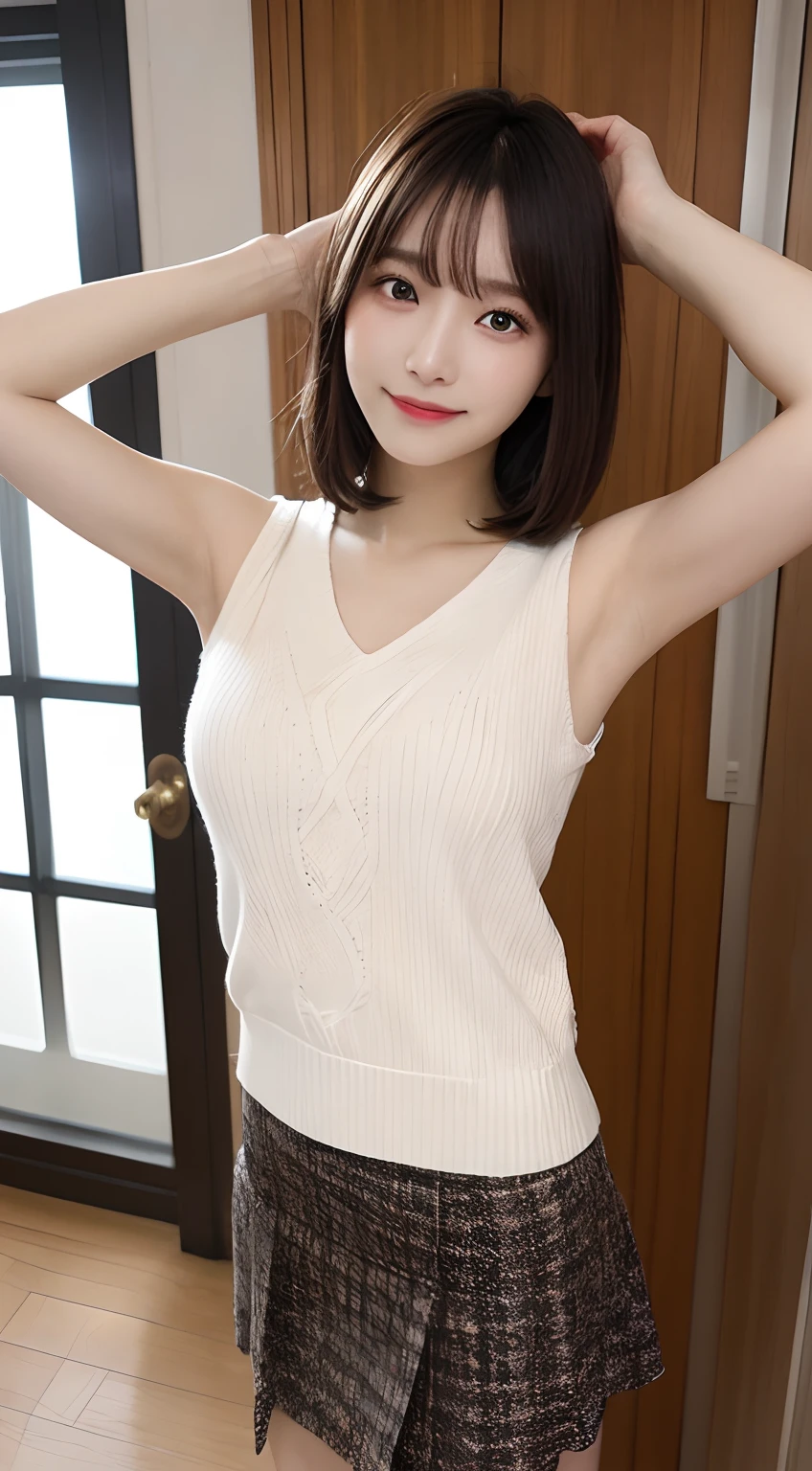(masterpiece:1.2, Highest quality), (Realistic, photoRealistic:1.4), Beautiful illustrations, (Natural Side Lighting, Cinema Lighting), Written boundary depth,
Looking at the audience, Front view, 1 Girl, English, high school girl, 20-year-old, Perfect Face, Cute symmetrical face, Shiny skin, Leg spread,
(Bob Hair:1.7,blonde), Asymmetrical bangs, Big eyes, Droopy eyes, long eyelashes chest), thin,
Beautiful Hair, Beautiful Face, Beautiful and beautiful eyes, Beautiful clavicle, Beautiful body, Beautiful breasts, Beautiful thighs, Beautiful legs, Beautiful fingers,
((High-quality fabric, Brown knitted vest, Short sleeve white collar shirt, Navy Pleated Skirt, Navy bow tie)),
(Beautiful views), evening, (Inside the flower shop), Are standing, (smile, Superior, Open your mouth), (((Skirt flip, No pants, Genitals are visible))), Full Body Shot, Dark blue socks, Sexy Face, Inverted nipples,