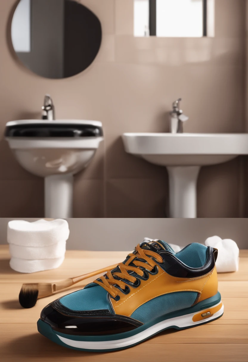 Someone cleans shoes with a brush in the bathroom, Wang Chen, Clean, soft brush, spray brush, washy brush, 3d product, product introduction photos