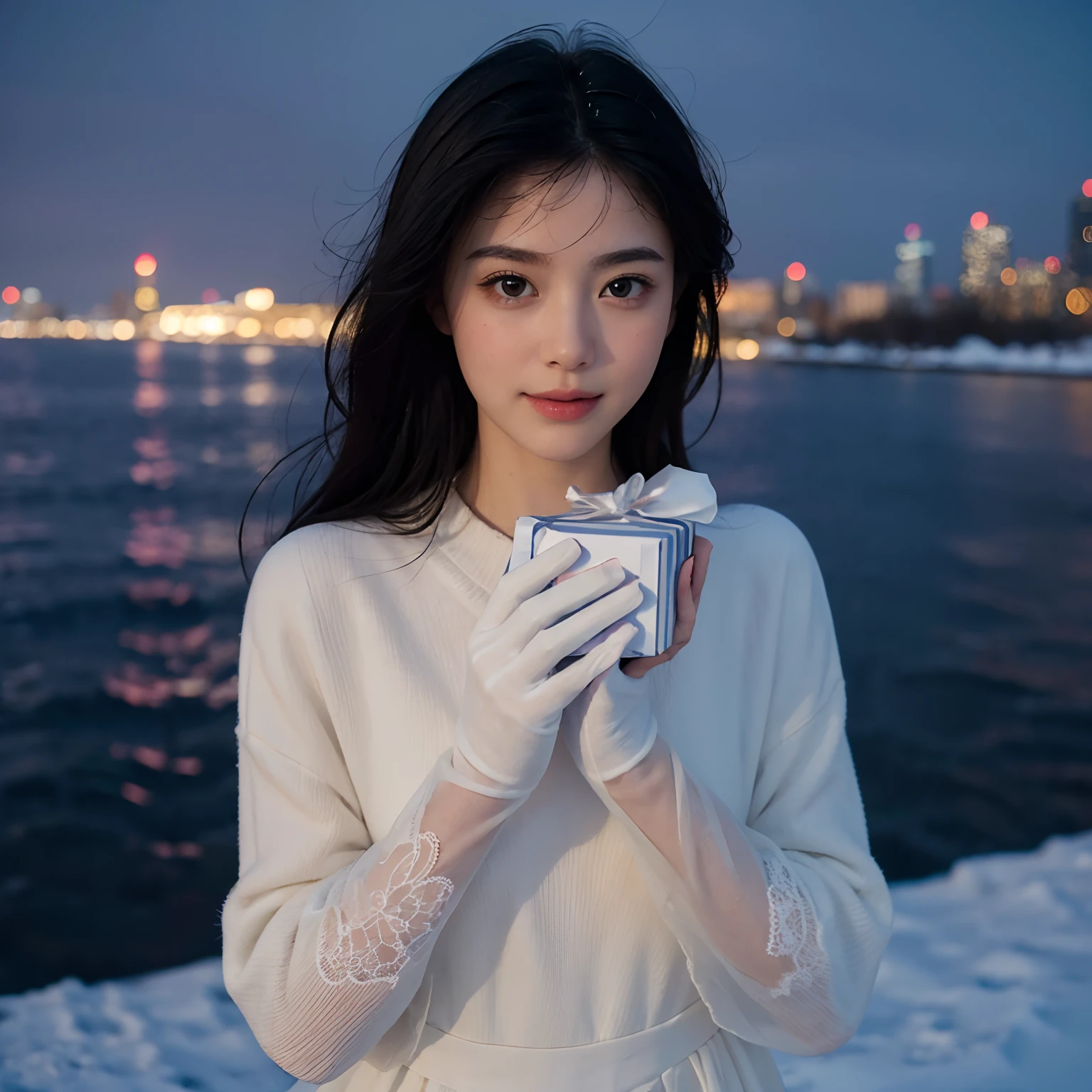 (masterpiece, best quality:1.4), (beautiful, aesthetic, perfect, delicate, intricate:1.2),(realistic:1.3), cinematic shot, cinematic lighting, (1girl, solo), (pov, focus face, from above, upper body), (perfect face, beautiful eyes), cute, adorable, winter clothes, (winter white gloves), black hair, (beautiful scenery, cityscape, snowing, night sky), (holding gift:1.4), smile, blush, looking at viewer,