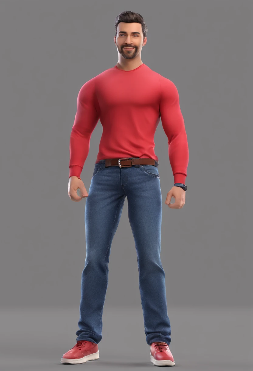 create an image of a male wearing red top and jeans. not too tight clothing