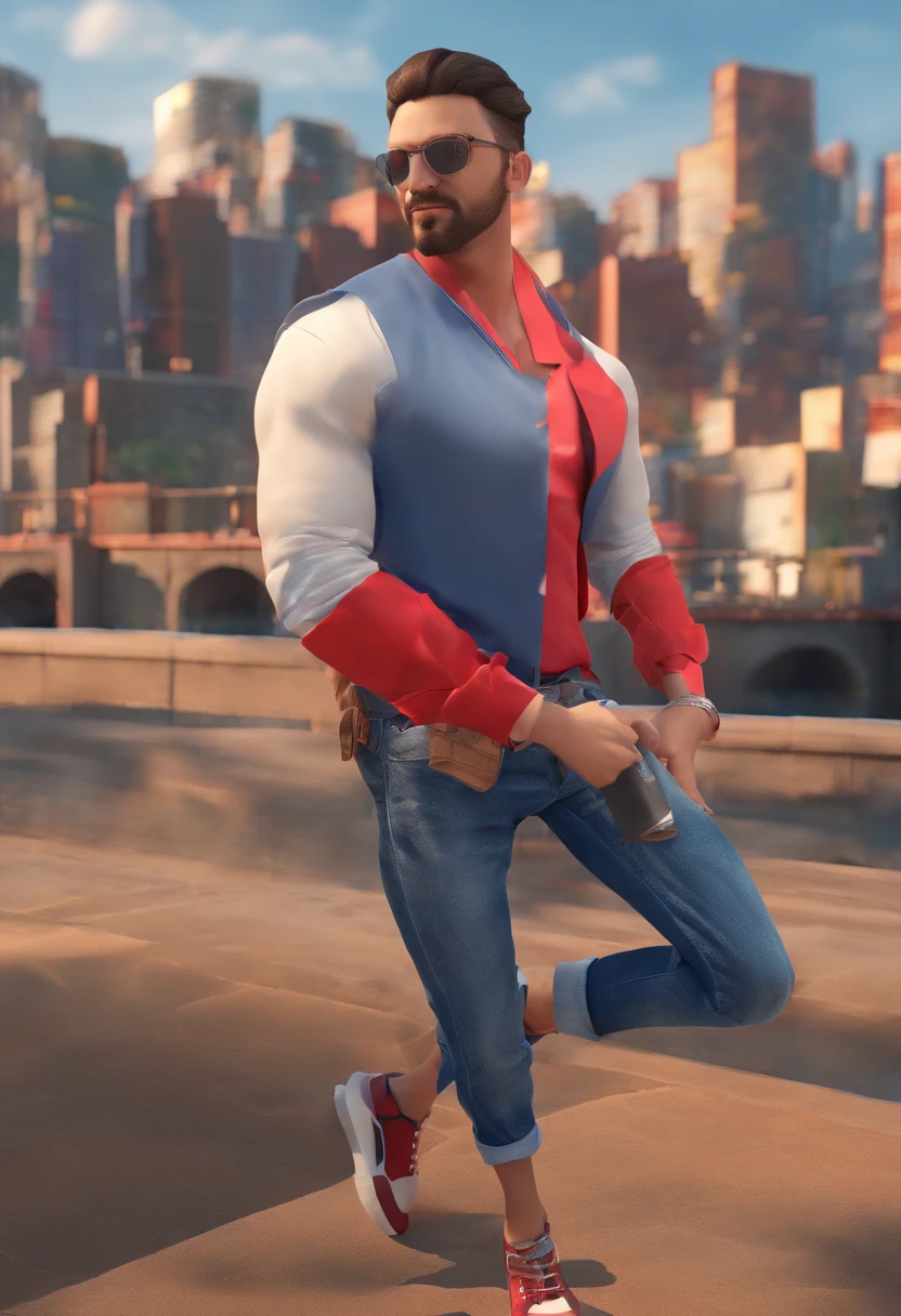 create an image of a male wearing red top and jeans. not too tight clothing
