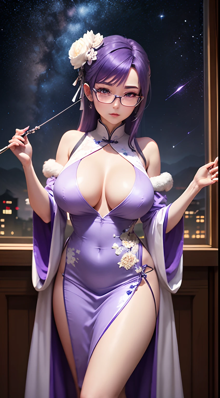 Japanese anime, , Alone, silver white hair, white glass debris, Crystallization, nigh sky, winter night, Starry sky, Crossroads of Shooting Stars, Solo, Silence, rendered, Best Quality, masutepiece, , Particle Light Effect, rendered　Chinese Idol　((Purple hair))　eye glass　bright red lips　A MILF　Blue China Long Dress　Whip whip　Colossal tits