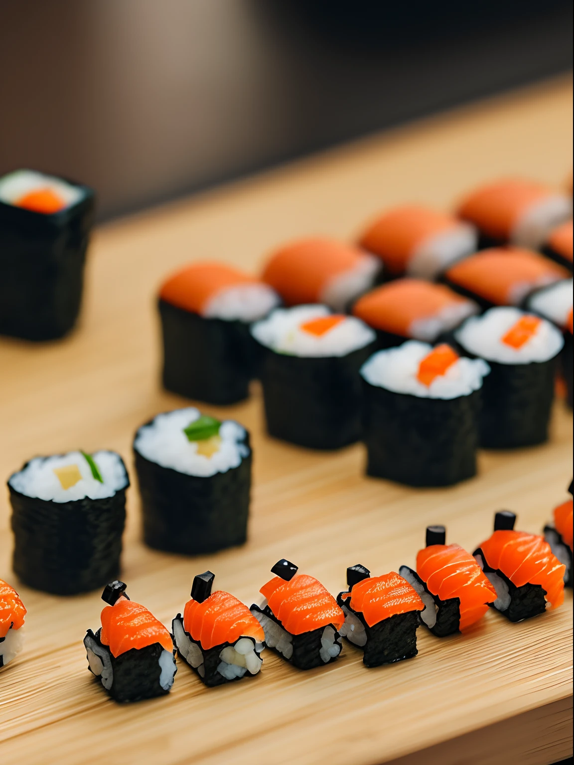 Tilt-shift photography, tiny little miniature men building a complex sushi roll