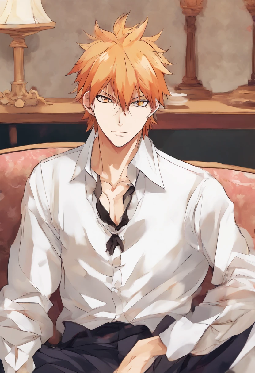 Ichigo kurosaki, handsome, sitting on a couch, white buttoned shirt, looking at viewer, high quality, best quality, Bleach Anime style