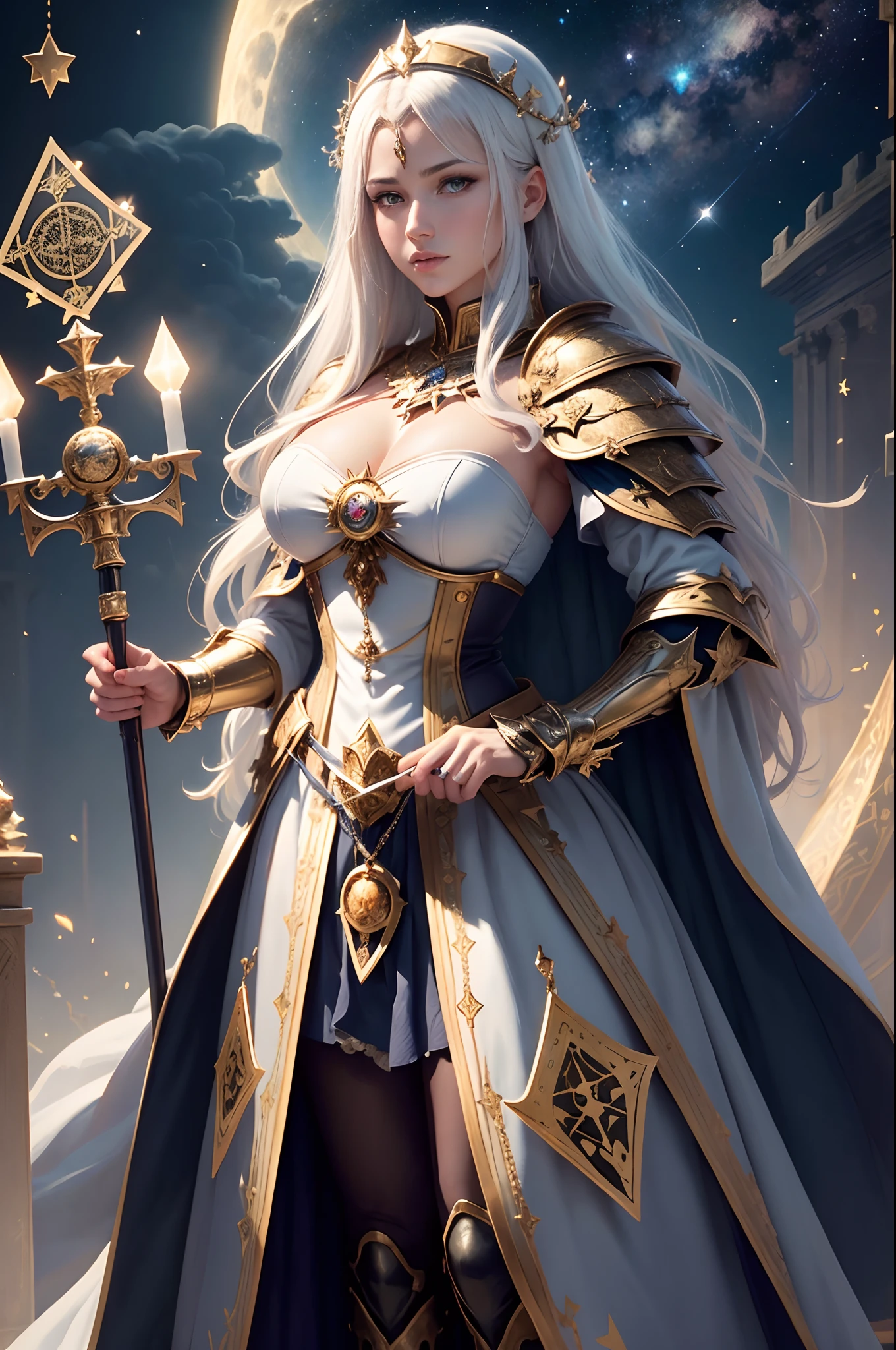 （The highest image quality），（very detailed descriptions），1 mature female，Big Holy Sword，Holy Knight Standing on a Beautiful Meadow，Scepter in hand，（full body red armor），（Very perfect body structure），（Highly detailed and perfect face depiction），（Highly detailed details of the face），Blue Starry Sky，（Very large moon close-up），Moonlight shines through the clouds，As estrelas（glitters），garments（bling bling）， (The image is surrounded by a tarot card style border:1.5)，（tmasterpiece），（Great results），（8k wallpaper），（best pictures），myth，Fantasy Theme，Ultra-realistic realism，realisticlying,Mature female holy knight in red armor,Beautiful holy armor,Golden decoration,
