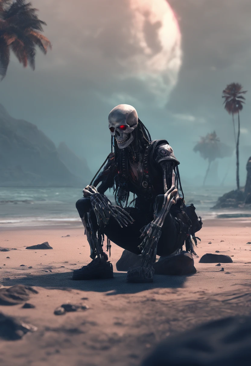 cinematic still shot of a pirate skeleton sitting of a rock on the beach looking in the distance  + cinematic lighting + dramatic lighting + photorealistic + photorealism + ray tracing + unreal engine 5 + high detailing + exclusive details + prime + high quality + ultra detailing 8k, hdr, hr --v 4