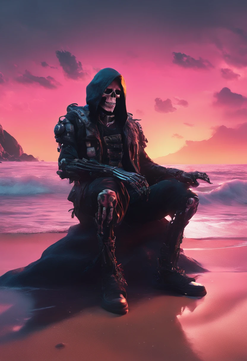 cinematic still shot of a pirate skeleton sitting of a rock on the beach looking in the distance + cinematic lighting + dramatic lighting + photorealistic + photorealism + ray tracing + unreal engine 5 + high detailing + exclusive details + prime + high quality + ultra detailing 8k, hdr, hr --v 4