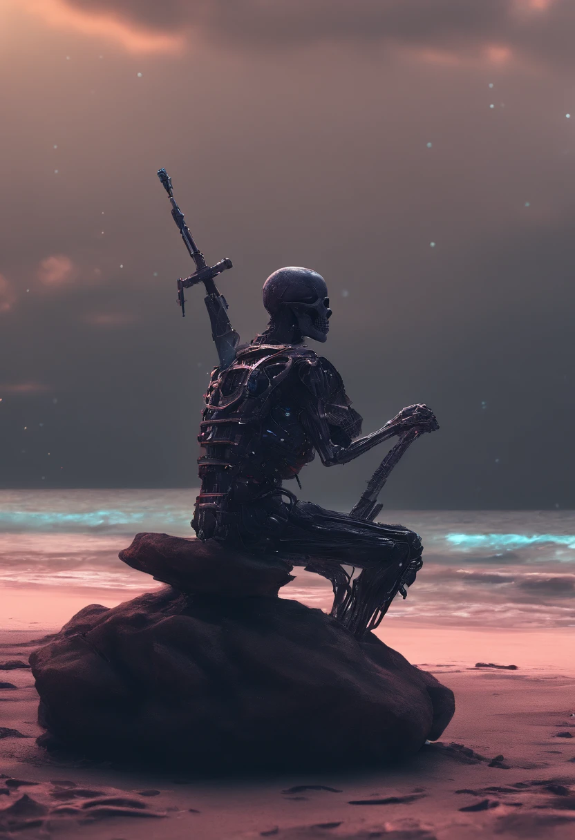 cinematic still shot of a pirate skeleton sitting of a rock on the beach looking in the distance + cinematic lighting + dramatic lighting + photorealistic + photorealism + ray tracing + unreal engine 5 + high detailing + exclusive details + prime + high quality + ultra detailing 8k, hdr, hr --v 4