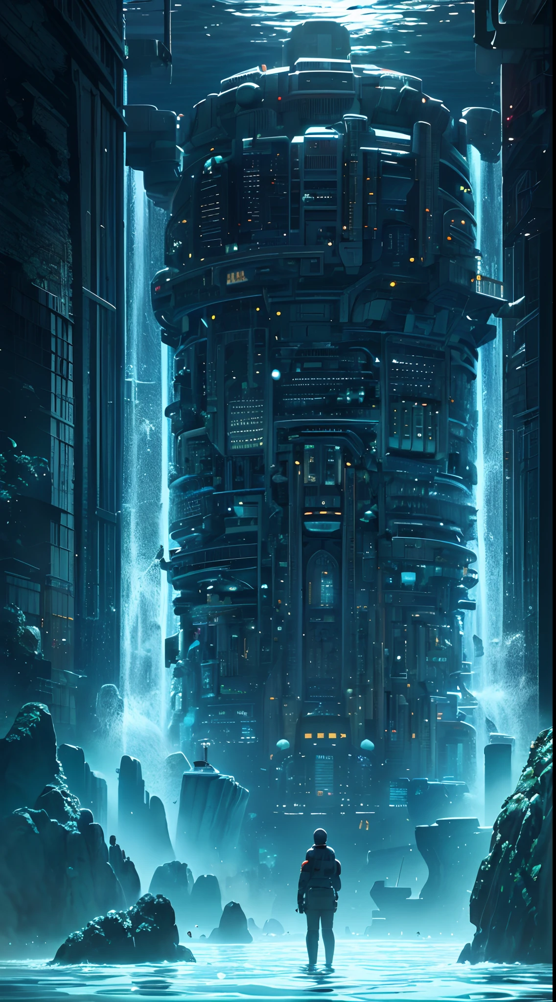 professional photo of Intricate giant scifi city under bubbles in the sea,(underwater,in the water,A highly intelligent future city underwater, with harmonious underwater landscapes around it:1.45),ultra detailed, realistic, unreal engine 5, photorealistic, wide-angle,deep sea,Divers, diving suits,Psychedelic Ocean Landscape,ocean wallpaper king tide and storm by jonathan c,in the style of realistic anamorphic art,dynamic and action-packed scenes,national geographic photo,tumblewave,energy-filled illustrations,apocalypse art,shot on 70mm,National geographic ocean photo,expolsion of colors,