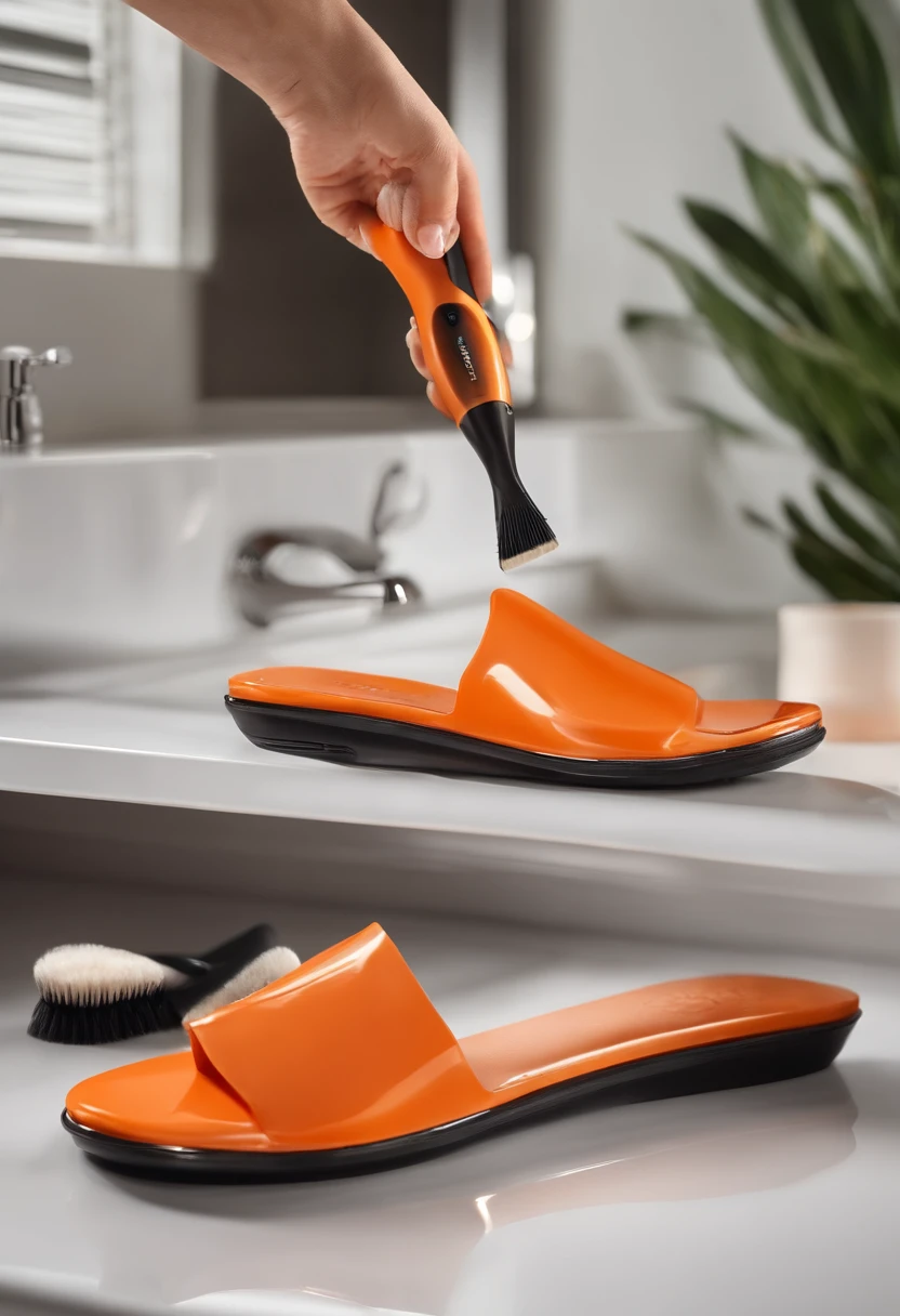 Someone cleans shoes with a brush in the bathroom, Clean, soft brush, spray brush, washy brush, 3d product, product introduction photos，Orange brush