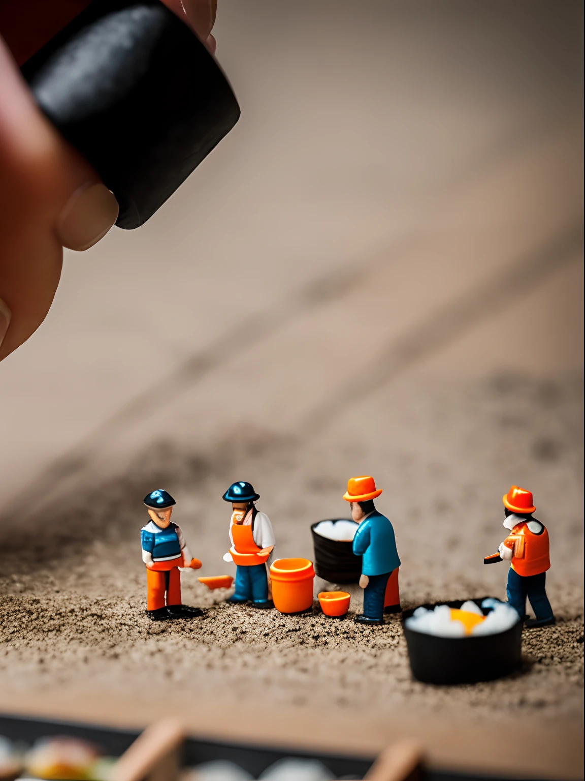 Tilt-shift photography, tiny little miniature men building a complex sushi roll