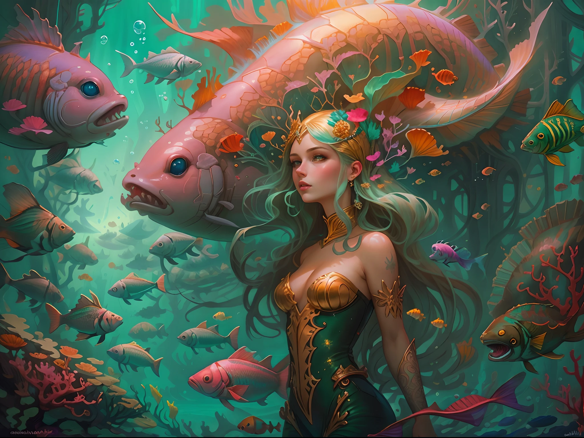 tmasterpiece,((castle in distance:1.4,)),Fantastic underwater city。(Queen of mermaids under the sea,looking toward the viewer,Golden hair,The coral reef is worn on his head,Beautiful bright eyes),surrounded with fishes, Lots of fish,Schools of fish swam towards her,the reef,airbubble,Underwater construction,dan mumford tom bagshaw, jen bartel, Fantasy art Behance, mohrbacher, Fantasy art style, Detailed fantasy illustration, A beautiful artwork illustration, fantasy art illustration, style of peter mohrbacher, peter mohrbacher'',Official artistic aesthetics,