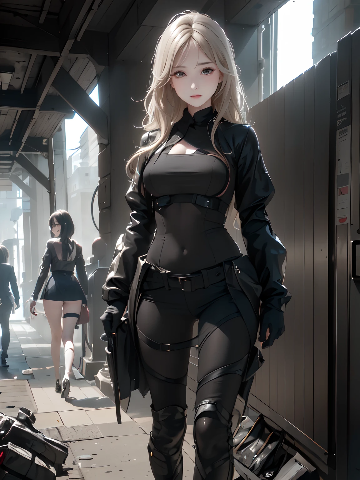 (event companion:1.5, midtown street background:1.5), photo realistic, anime style, (8k, RAW photo, best quality, masterpiece:1.2), High detail RAW color photo, professional photograph, cowboy shot, (realistic, photo realistic:1.37),cinematic light, (finery detailed face:1.2), cowboy shot, thigh 1 girl in bath, 28-38 years old, very cute, very beautiful, photo realistic, event companion, BREAK, white oily skin, real human skin, (detailed face), oval face, pores, round eyes:1.0, ultra high res, BREAK, slim, (medium-large-breast:1.37, cleavage:1.37), (looking straight at viewer with a serene and goddess-like happiness:1.2), (lifter gloss, eyelashes, gloss-face, best quality, ultra highres, Broad lighting, natural shading), (beautiful thin short hair, wavy pony-tail hair style:1.5, shiny-black hair:1.5), BREAK, (event companion uniform:1.3, white collared shirt;1.3, black high-waist pencil-skirt:1.3), BREAK, ((show case:1.5, standing in the street1.5)), ((from below:1.3, standing in the circuit lane, leaning forward)), blurry background, bokeh, depth of field, cowboy shot:1.3, centered image,