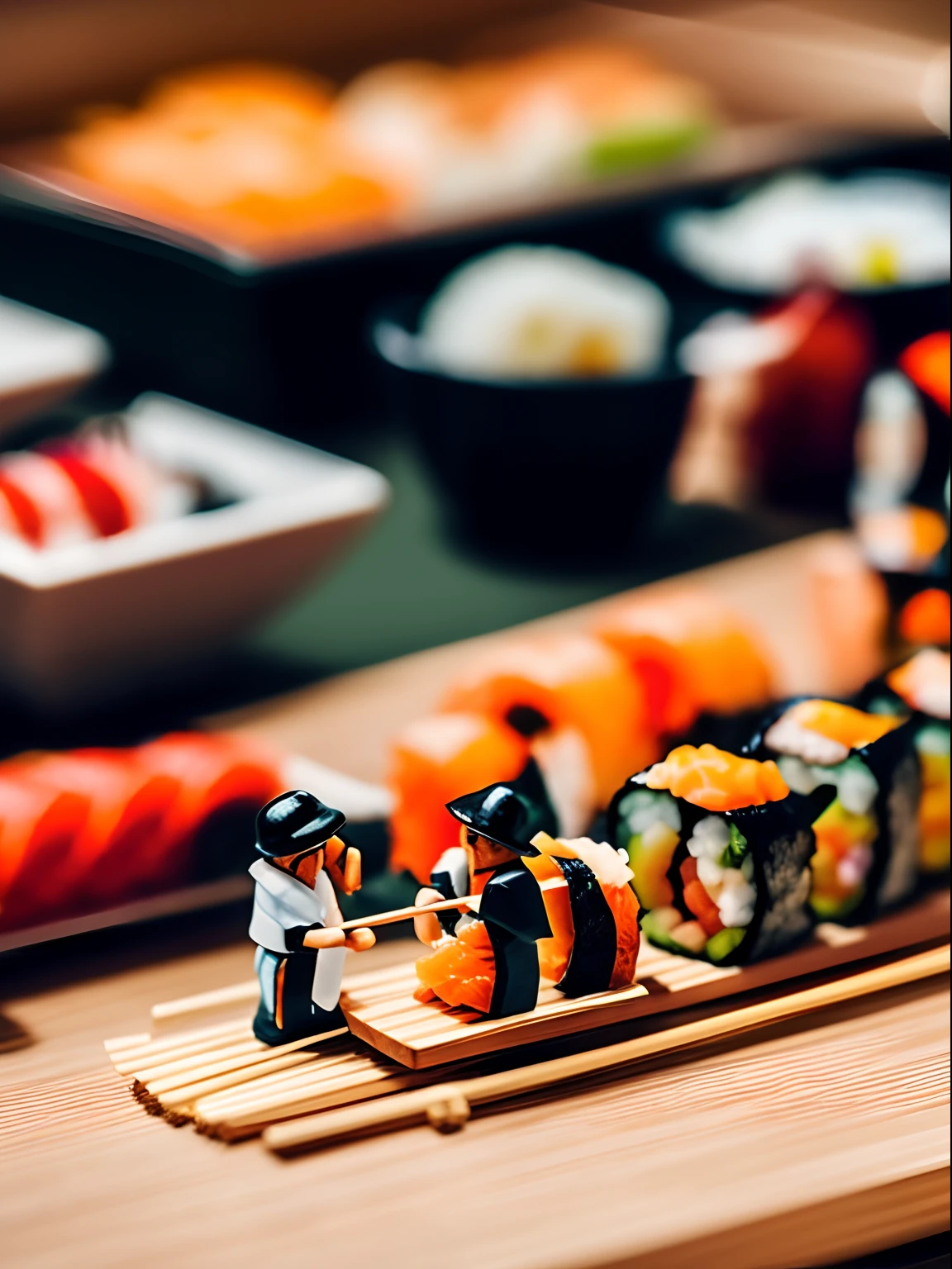 Tilt-shift photography, tiny little miniature men building a complex sushi roll