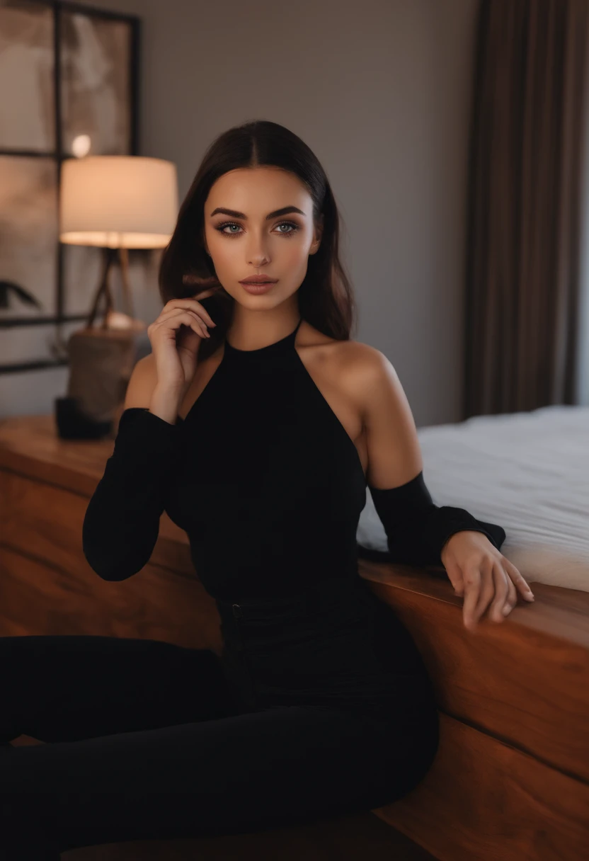 arafed woman with black clothes, sexy girl with brown eyes, portrait sophie mudd, short black hair and large eyes, selfie of a young woman, bedroom eyes, violet myers, without makeup, natural makeup, looking directly at the camera, face with artgram, subtle makeup, stunning full body shot, in bedroom, cleavage