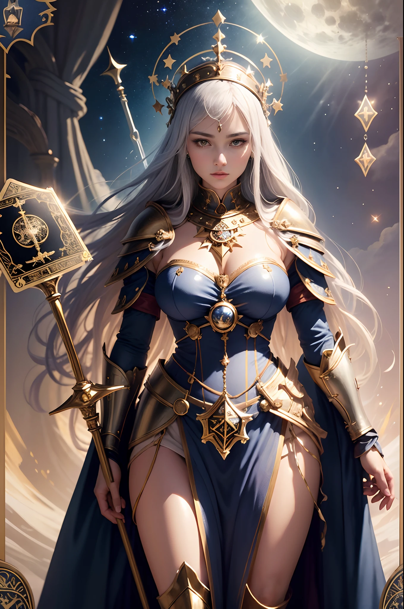 (The highest image quality),(very detailed descriptions),1 mature female,Big Holy Sword,Holy Knight Standing on a Beautiful Meadow,Scepter in hand,(full body red armor),(Very perfect body structure),(Highly detailed and perfect face depiction),(Highly detailed details of the face),Blue Starry Sky,(Very large moon close-up),Moonlight shines through the clouds,As estrelas(glitters),garments(bling bling), (The image is surrounded by a tarot card style border:1.5),(tmasterpiece),(Great results),(8k wallpaper),(best pictures),myth,Fantasy Theme,Ultra-realistic realism,realisticlying,Mature female holy knight in red armor,Beautiful holy armor,Golden decoration,