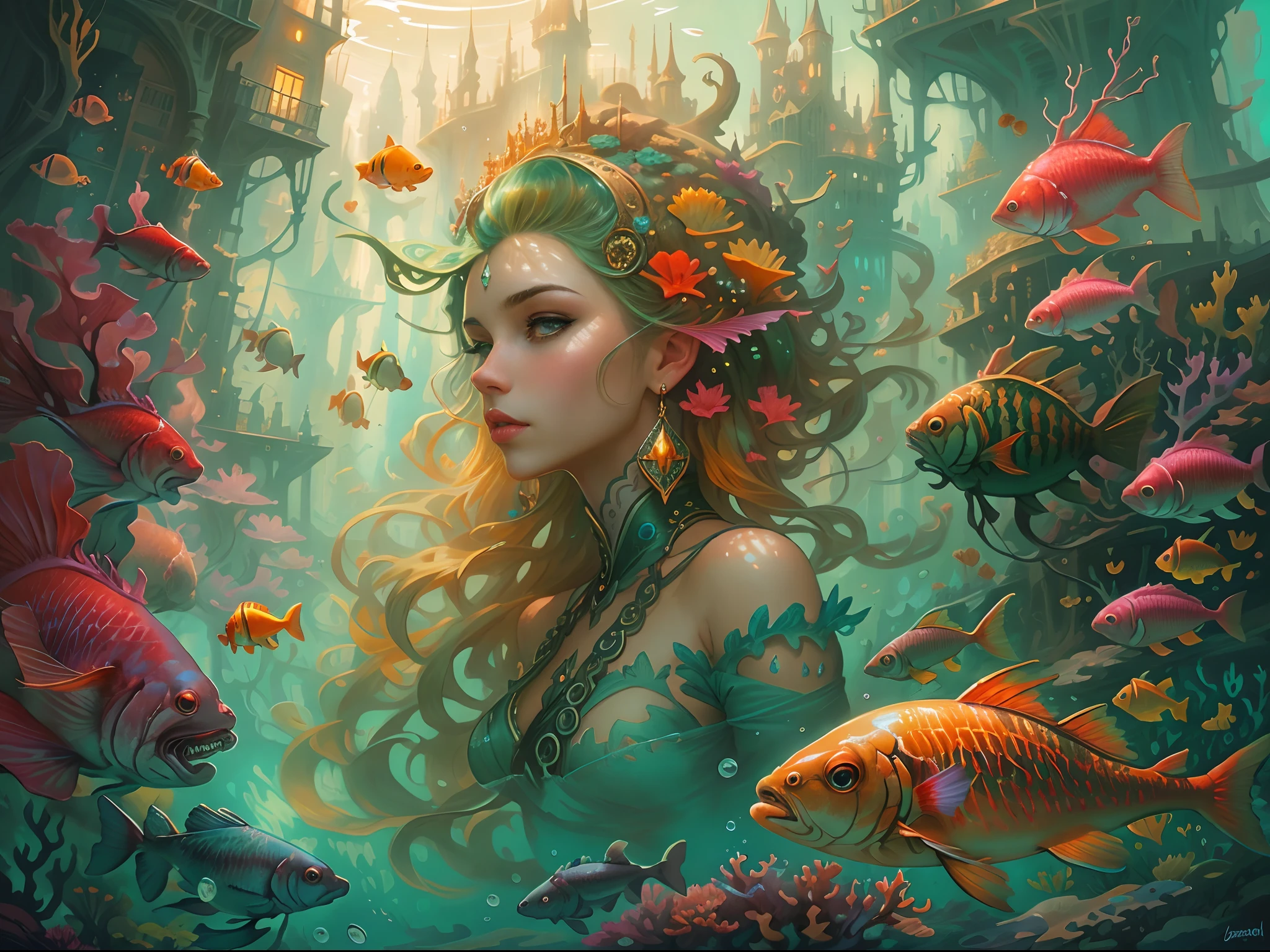 tmasterpiece,((castle in distance:1.4,)),Fantastic underwater city。(Queen of mermaids under the sea,Golden hair,The coral reef is worn on his head,Beautiful bright eyes),surrounded with fishes, Lots of fish,Schools of fish swam towards her,the reef,airbubble,Underwater construction,dan mumford tom bagshaw, jen bartel, Fantasy art Behance, mohrbacher, Fantasy art style, Detailed fantasy illustration, A beautiful artwork illustration, fantasy art illustration, style of peter mohrbacher, peter mohrbacher'',Official artistic aesthetics,