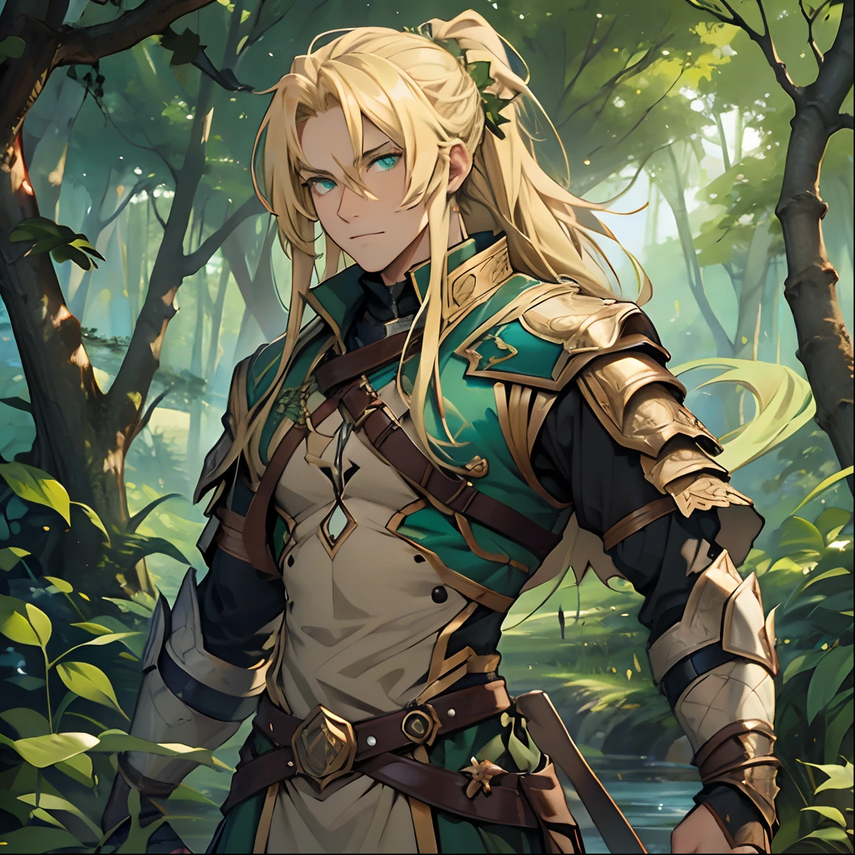 Long Blond Hair. Green Eyes. Man. Florest Background. Green Aura