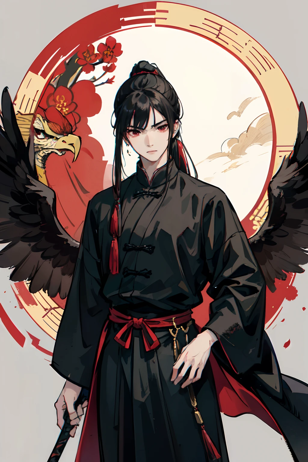 HDR, High Quality, Masterpiece, Excellent, Daytime, 1 Man, Chinese Style, Ancient China, Chinese Court, Eagle, Black Hair, red Eyes, Split Hair, Long Hair, Long Bangs, High Ponytail, Handsome, Handsome, Serious, Gentle, Tall, Quiet, Dark Clothes, dark grey Clothes, Prince, Sword, Looking Down