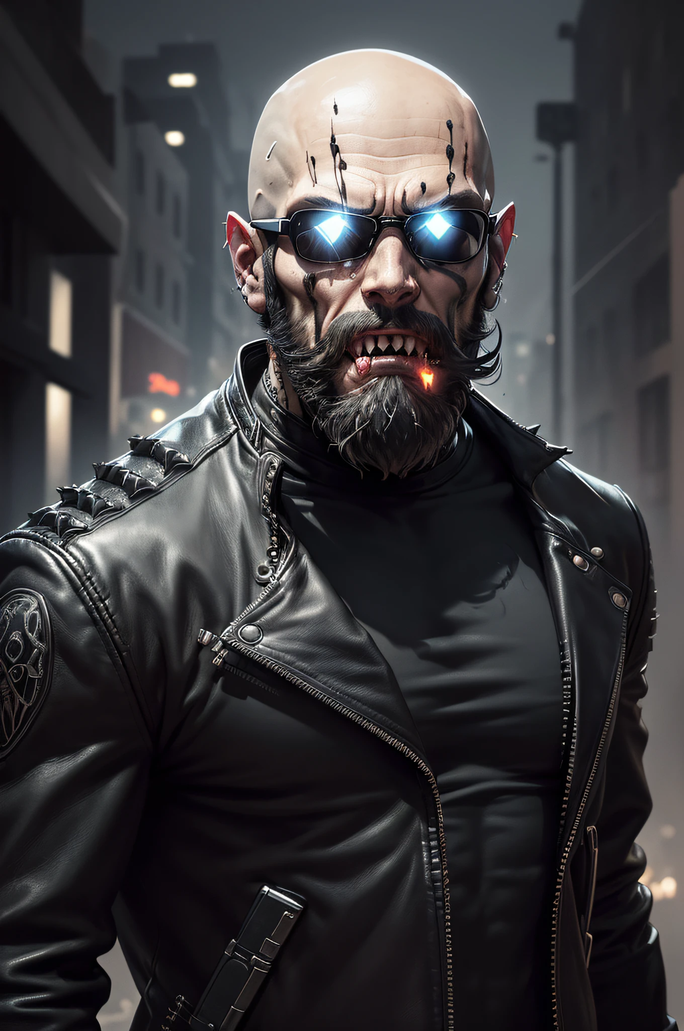 male Biker, shaved bald head, (((full beard:1.3))), ((strong body)), tattoos,  ((black Leather biker jacket:1.5)), 12 am midnight, (loose white t-shirt:1.4), aviator glasses, (((glock in right hand:1.3))), ((mouth opened showing fangs:1.6)), walking toward the camera, ((background city streets walking away from a car exploding:1.2)), (masterpiece, best quality), (perfect hands), (hyper-realistic:1.6), (detailed face), (award-winning), (sharp), (8k resolution), (cinematic lighting), colors: dark and gloomy, (haunting), (intense expression), (detailed skull emblem), (eerie atmosphere), (comic book vibe),(gritty), (dramatic shadows), (dynamic pose), (ominous vibe), (artistically rendered), (sinister), (captivating), (gothic), (mysterious setting), (moody color palette), (expertly painted), (uneasy feeling), (intricate detailing), (sinister smile), (foreboding), (captivating eyes), (horror elements), (captivating composition), (impressive ???????),(striking contrast), (foreboding mood), (exquisite craftsmanship), (intriguing character design)