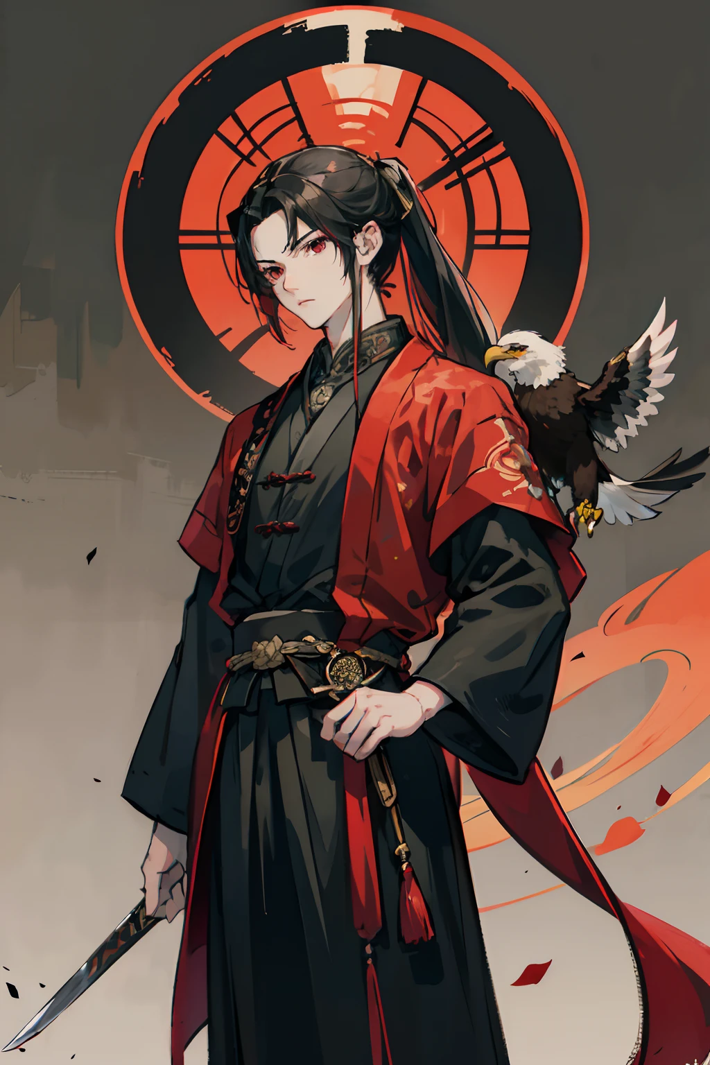 HDR, High Quality, Masterpiece, Excellent, Daytime, 1 Man, Chinese Style, Ancient China, Chinese Court, Eagle, Black Hair, red Eyes, Split Hair, Long Hair, Long Bangs, High Ponytail, Handsome, Handsome, Serious, Gentle, Tall, Quiet, Dark Clothes, dark grey Clothes, Prince, Sword, Looking Down