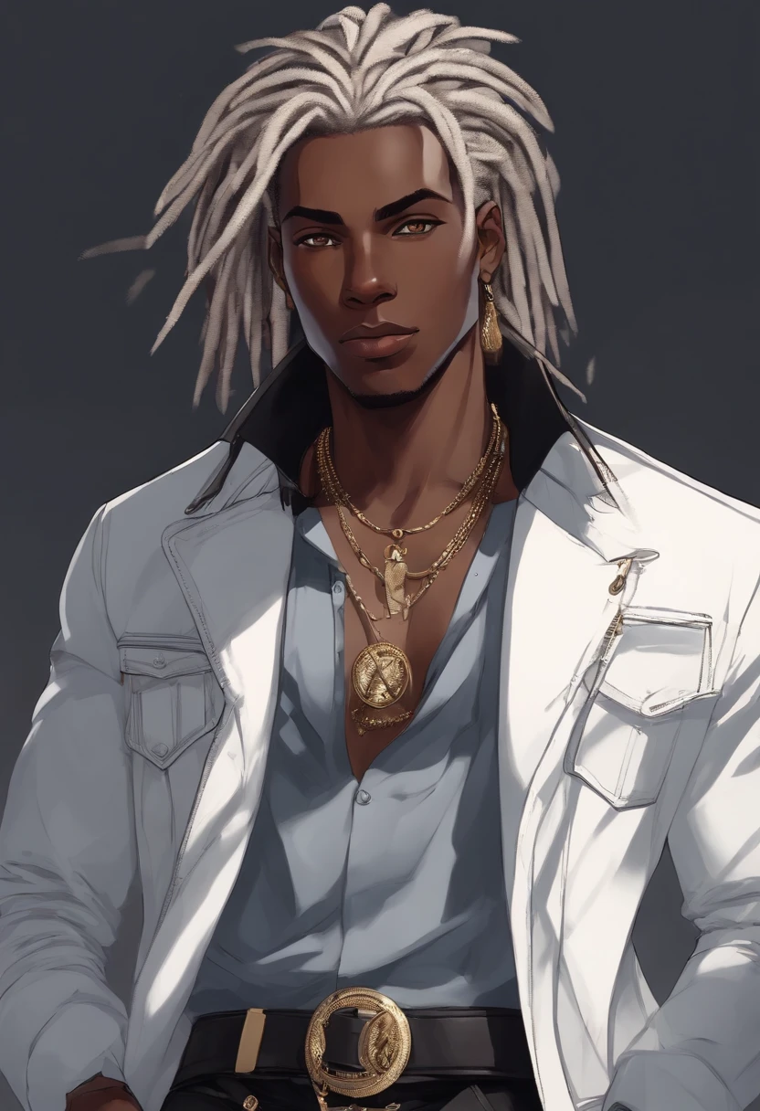 Dark-skinned young man with blue eyes and black jacket, Dreadlocks bleu clair, style dreadlock cheveux, dans un style anime, Colorful sketch, Unrealistic character concept, Personnage concept portrait de moi, detailed character portrait, Personnage de style anime, Portrait de style anime, un portrait de personnage, cel - shaded art style, Her outfit consists of a black, unbuttoned blazer with gold buttons on the front of the blazer and on the bottom of his sleeves and he wears a white V-neck shirt, pantalon blanc, une grande ceinture noire avec une boucle en or, a smaller black belt hanging from the side of her hip, et a sur les chaussures beige avec des boucles noires, inspired by King of Fighters with hands on his head