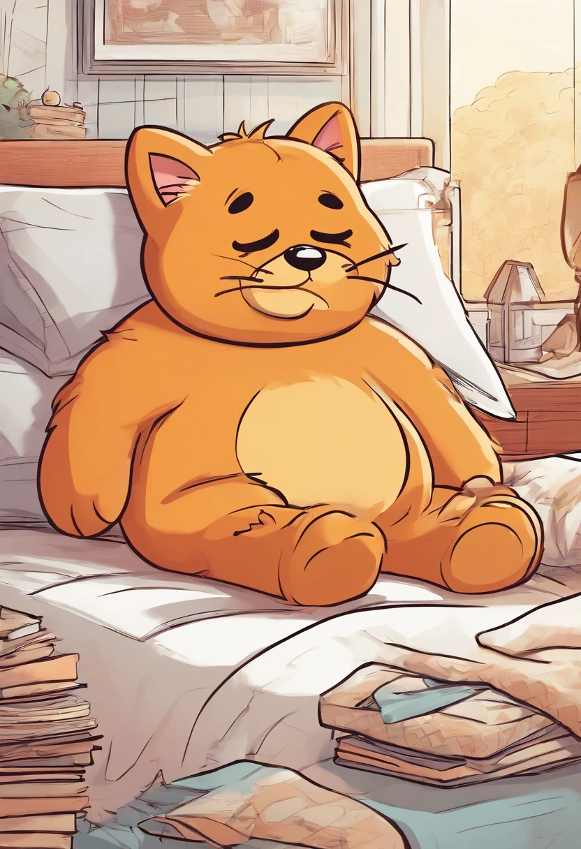 Garfield going to sleep out of boredom, illustrations, cozy bedroom, fluffy pillow, soft blanket, sleepy eyes, grumpy face, lazy posture, warm lighting, classic comic style, orange color tone