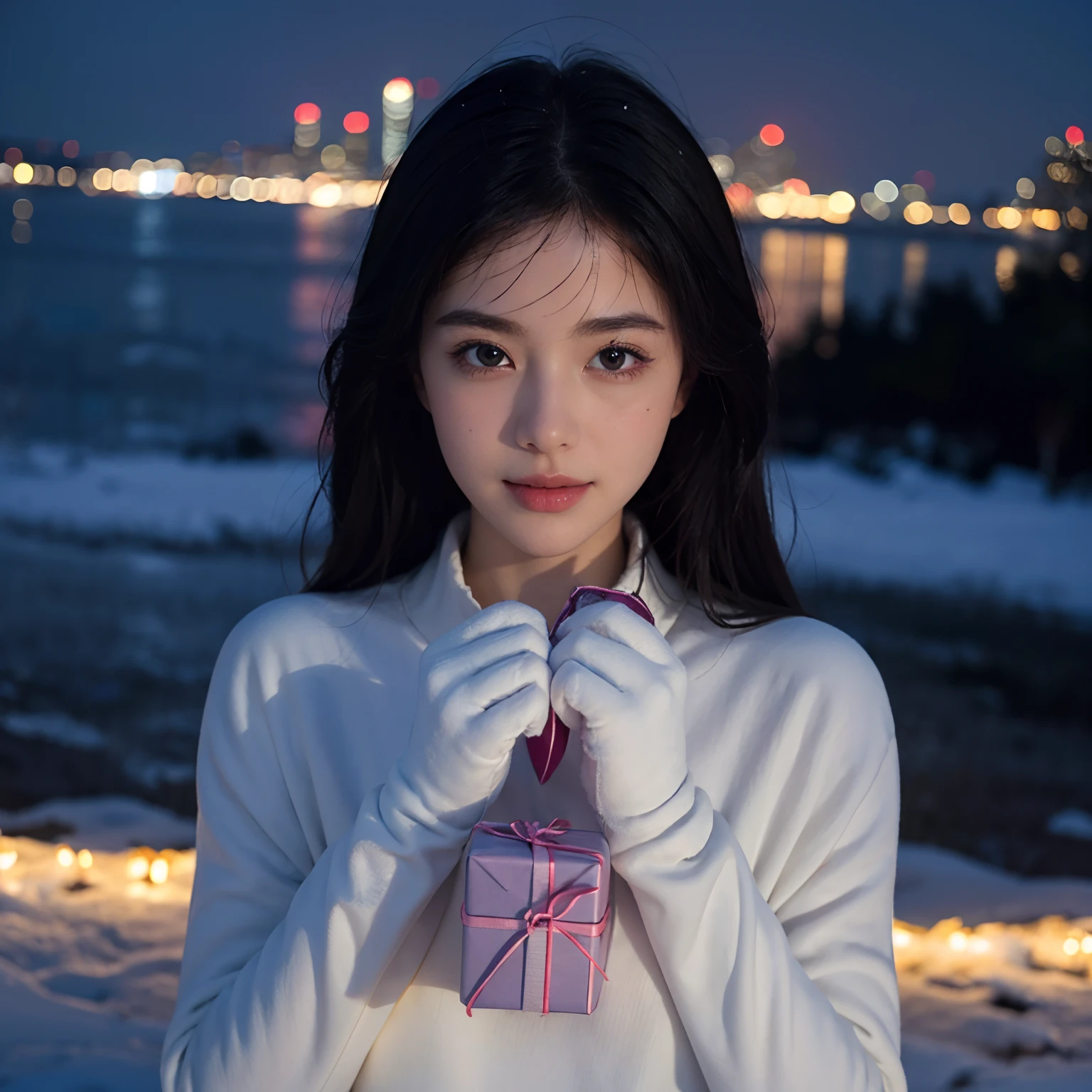 (masterpiece, best quality:1.4), (beautiful, aesthetic, perfect, delicate, intricate:1.2),(realistic:1.3), cinematic shot, cinematic lighting, (1girl, solo), (pov, focus face, from above, upper body), (perfect face, beautiful eyes), cute, adorable, winter clothes, (winter white gloves), black hair, (beautiful scenery, cityscape, snowing, night sky), (holding gift:1.4), smile, blush, looking at viewer,