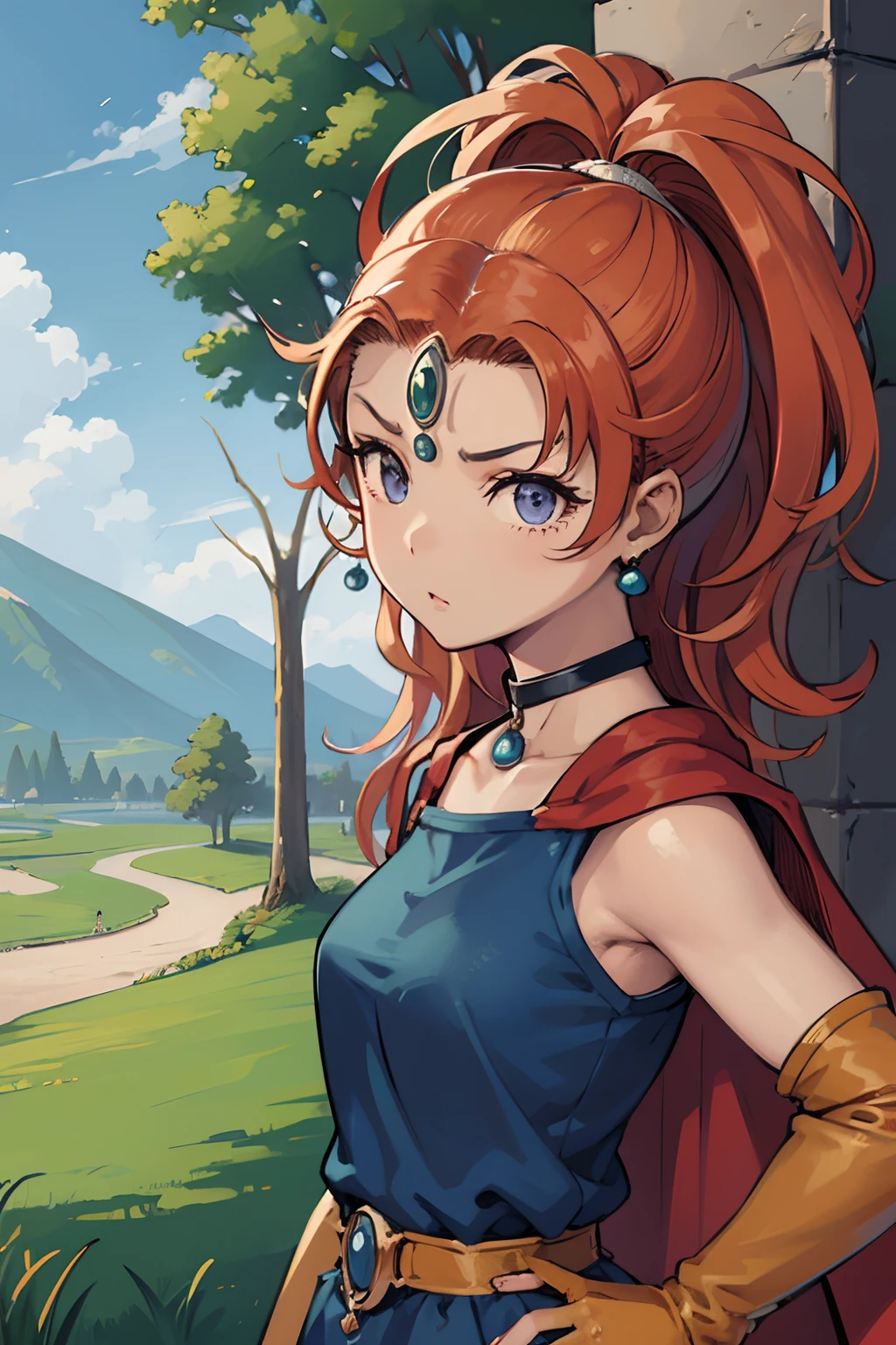 hight resolution、masterpiece、1girl in、Bring your face closer、A detailed face、DQ Maniya、circlet、earrings、Choker、DQ6 Barbara、High Ponytail、Cape、earrings、Maribel