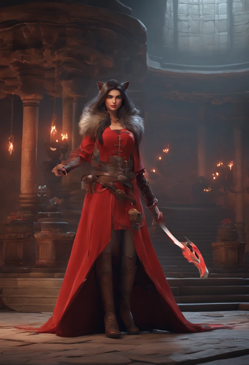 Fille renard, Dark Hair, yeux noir, Square face, en robe rouge, cheveux lisse a frange, Surrounded by swords in a stone temple. Accompanied by a Gray Wolf man, with red eyes surrounded by electricity