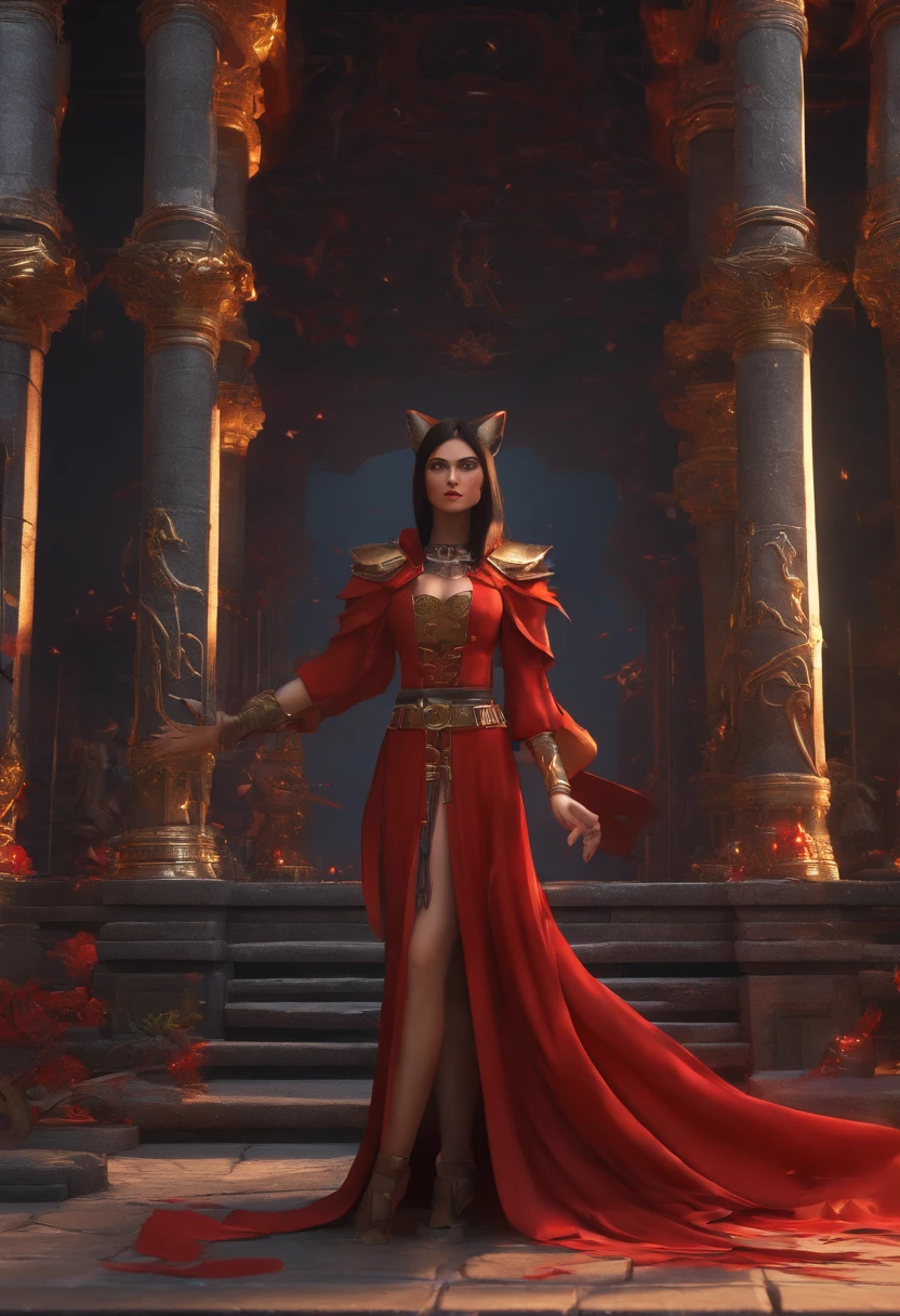 Fille renard, Dark Hair, yeux noir, Square face, en robe rouge, cheveux lisse a frange, Surrounded by swords in a stone temple. Accompanied by a Gray Wolf man, with red eyes surrounded by electricity