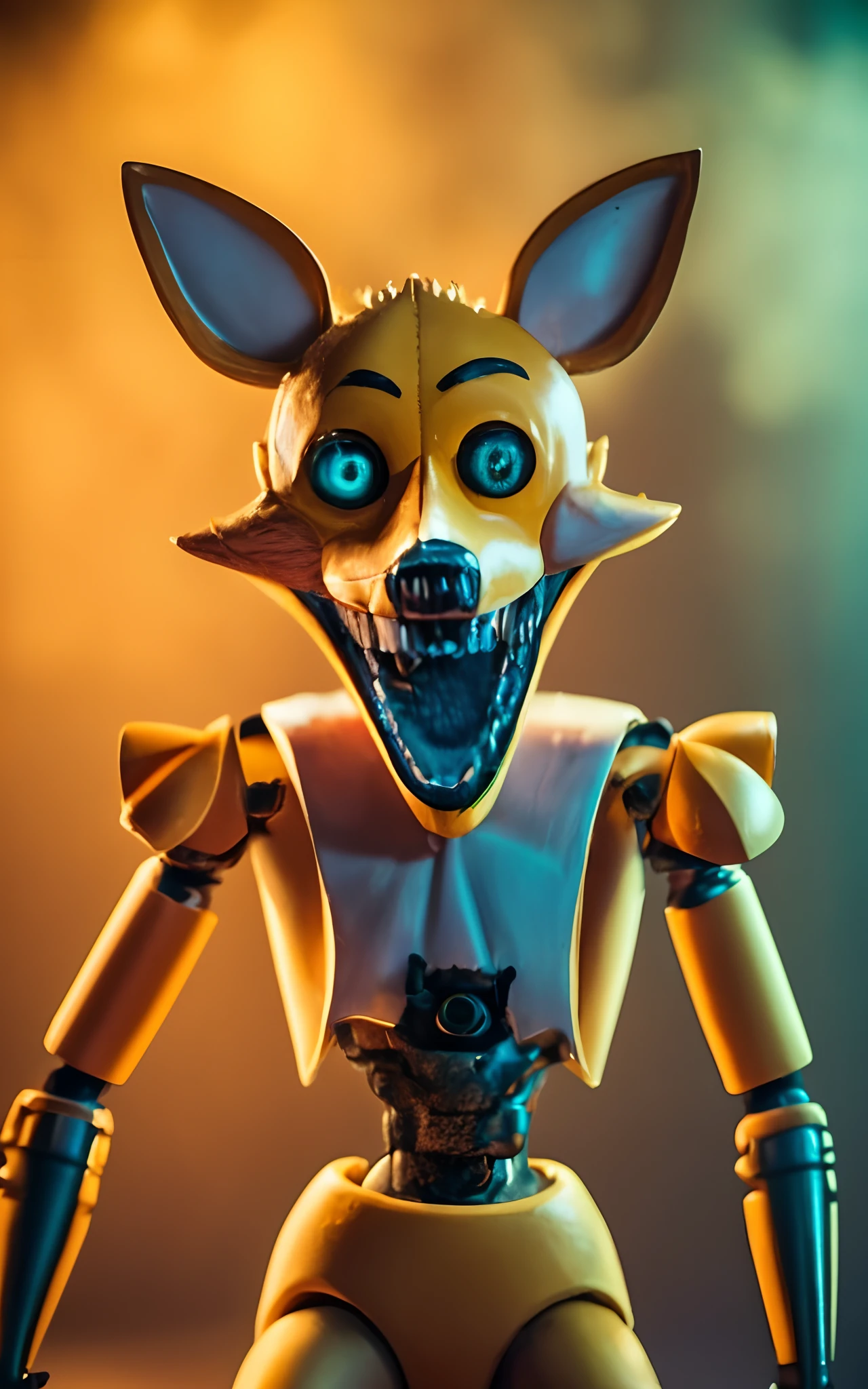 um close up de um brinquedo com um animal falso nele, animatronic, animatronics, horror animatronic, fotografia de brinquedo, foto comercial do brinquedo, Foxy, Cinco noites no Freddys, Cinco noites no Freddy's, Cinco noites no Freddy's, foto do brinquedo, foto de retrato, Personagem de stop motion, Twisty, foto de retrato em close-up